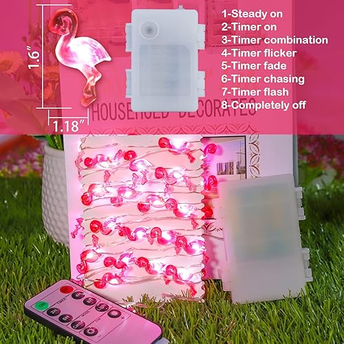 Miniatura 3 de Guirnalda de luces de flamenco a pilas con control remoto de 10 pies, 40 luces LED, color rosa, enchufable, luz alimentada por USB, bandeja