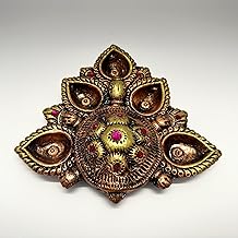 Handpainted Terracotta Diya Set: 5 Colorful Clay Diyas With Tortoise Theme in Decorative Puja Tray | Natural Mitti Set | Perfect Indian Gift for Diwali Celebrations - Golden Brown