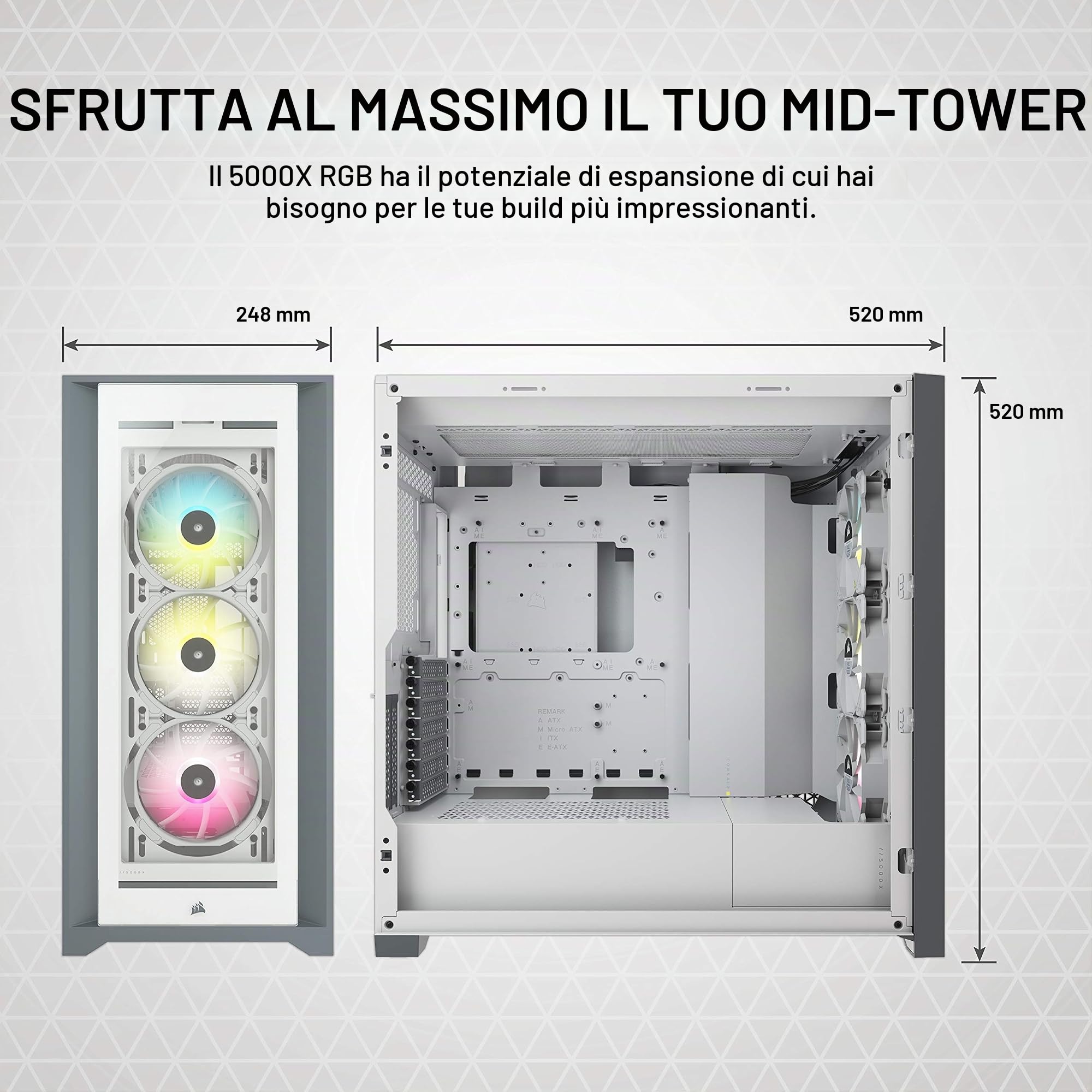 Corsair iCUE 5000X RGB Case per PC Intelligente ATX Mid-Tower con Vetro Temperato (Quattro Pannelli in Vetro Temperato, Sistema di Gestione dei Cavi RapidRoute, Tre Ventole da 120 mm Incluse) Bianco