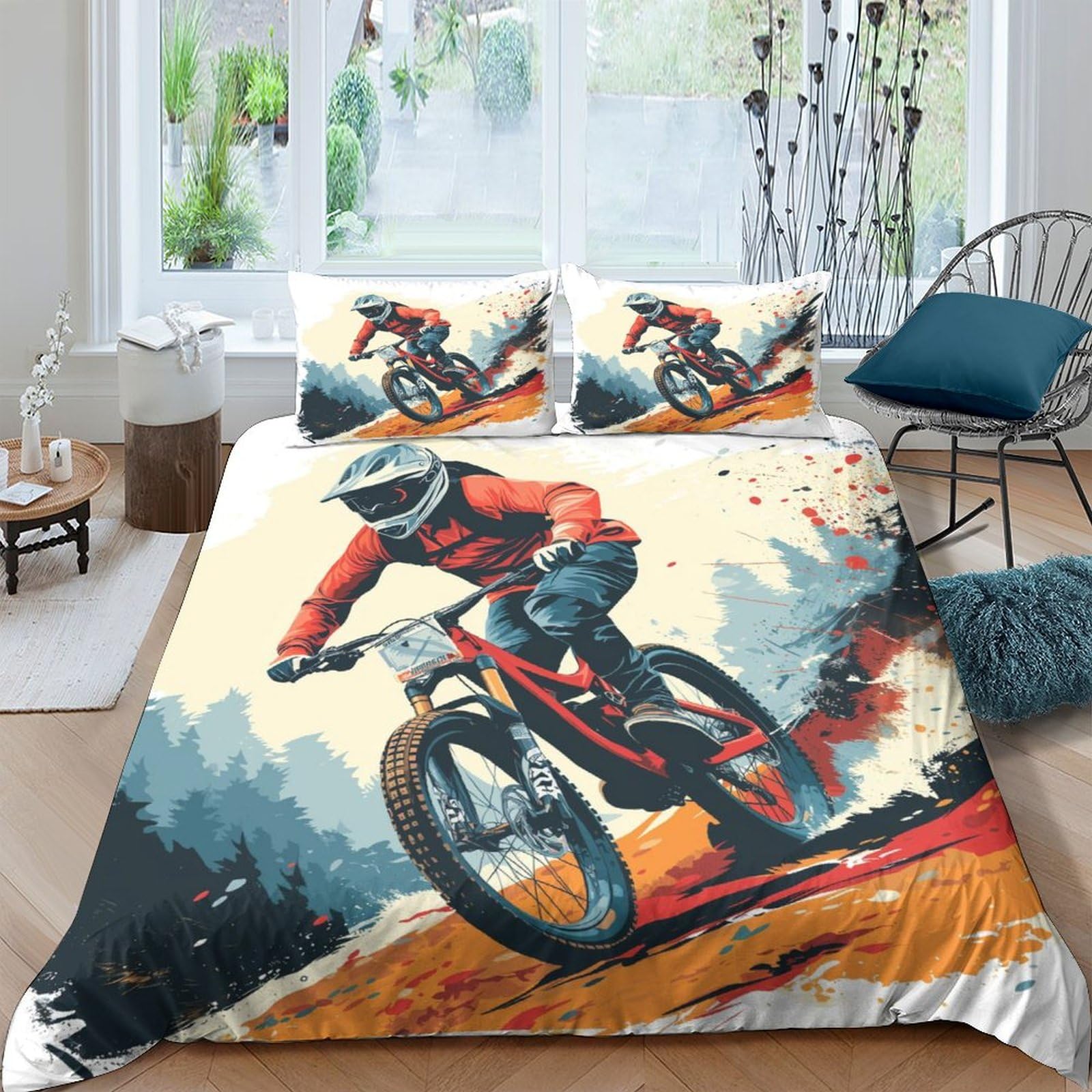 Stampato in 3D bicicletta Copertina Stampata Microfibra Disegnata Biancheria Da Letto Ipoallergenico Con 2 Federe,Double（200x200cm）, Per Adolescenti E Adulti