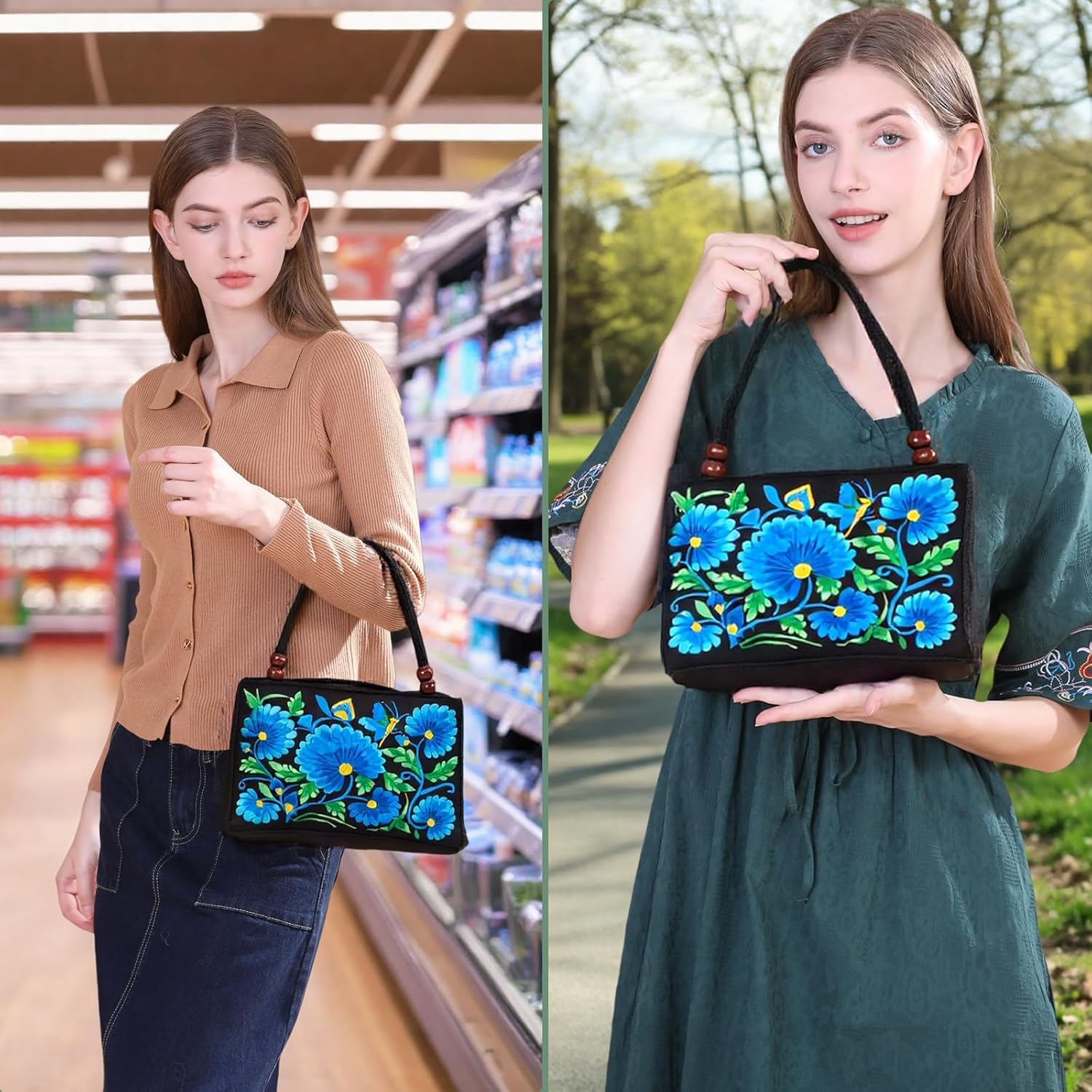 Double-Sided Embroidery Totes Bag Travel Beach Bag Vintage Embroidery Ethnic Shoulder Bags - Image 2