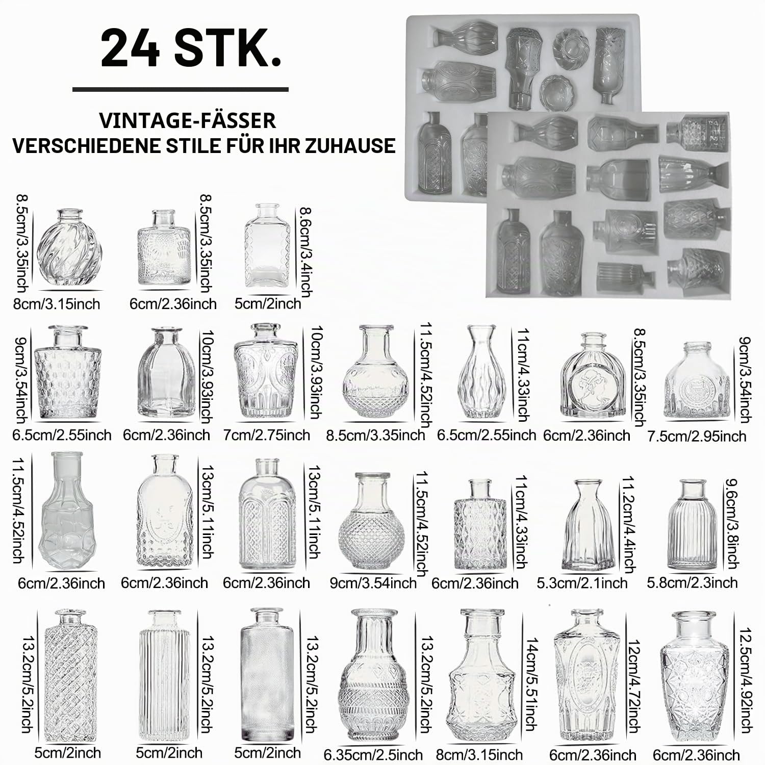 24 Stück Mini Vasen Set aus Glas,Vintage Blumenvasen,Väschen | kleine vasen für tischdeko für Tischdeko Ideal für Hochzeitstischdeko, Geburtstag,Wohnzimmer, Büro
