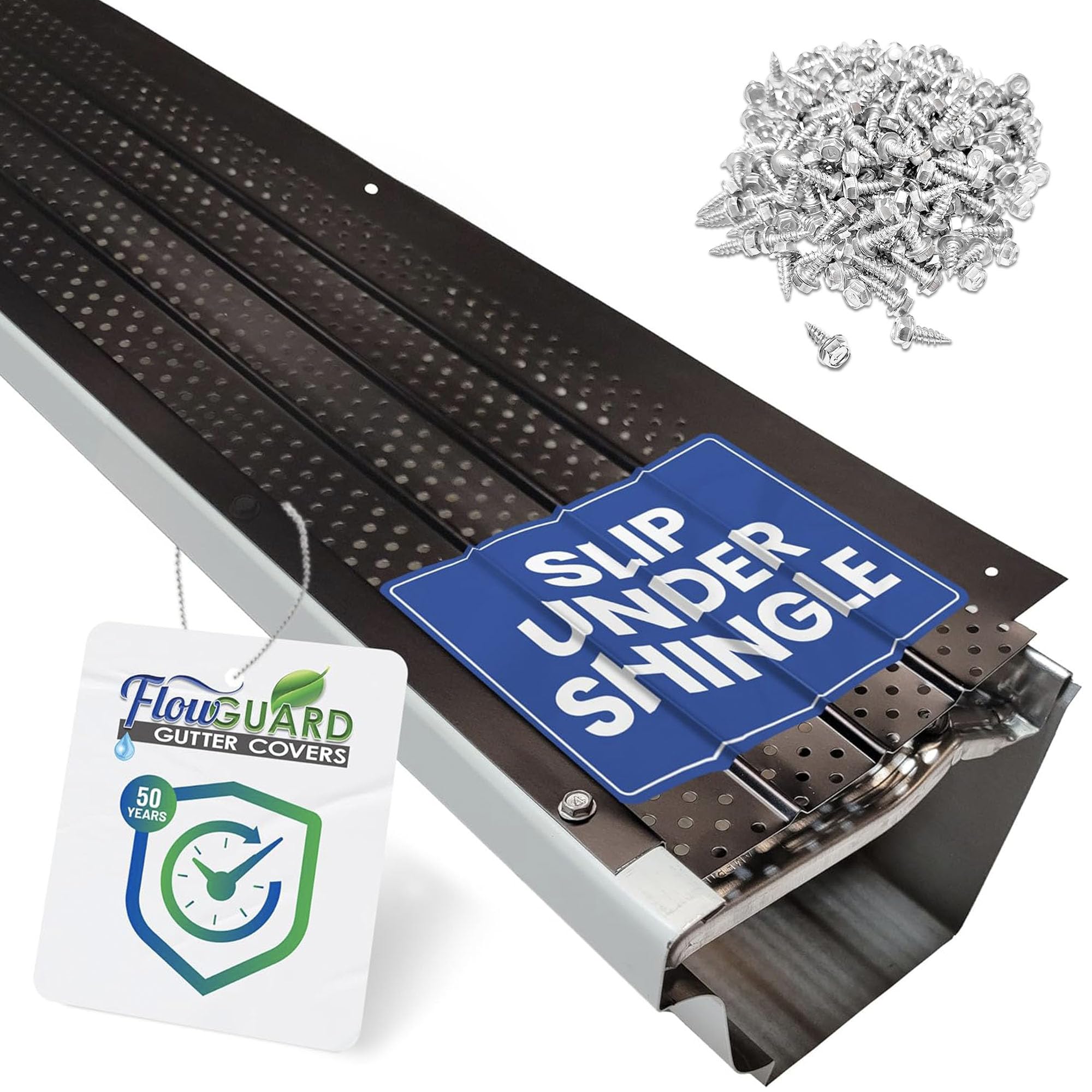 FlowGuard USA Made Slip Under Shingle Professional DIY Universal 5 Inch & 6 Inch 50-Year Gutter Cover System - Thermal Thaw Black - Aluminum Gutter