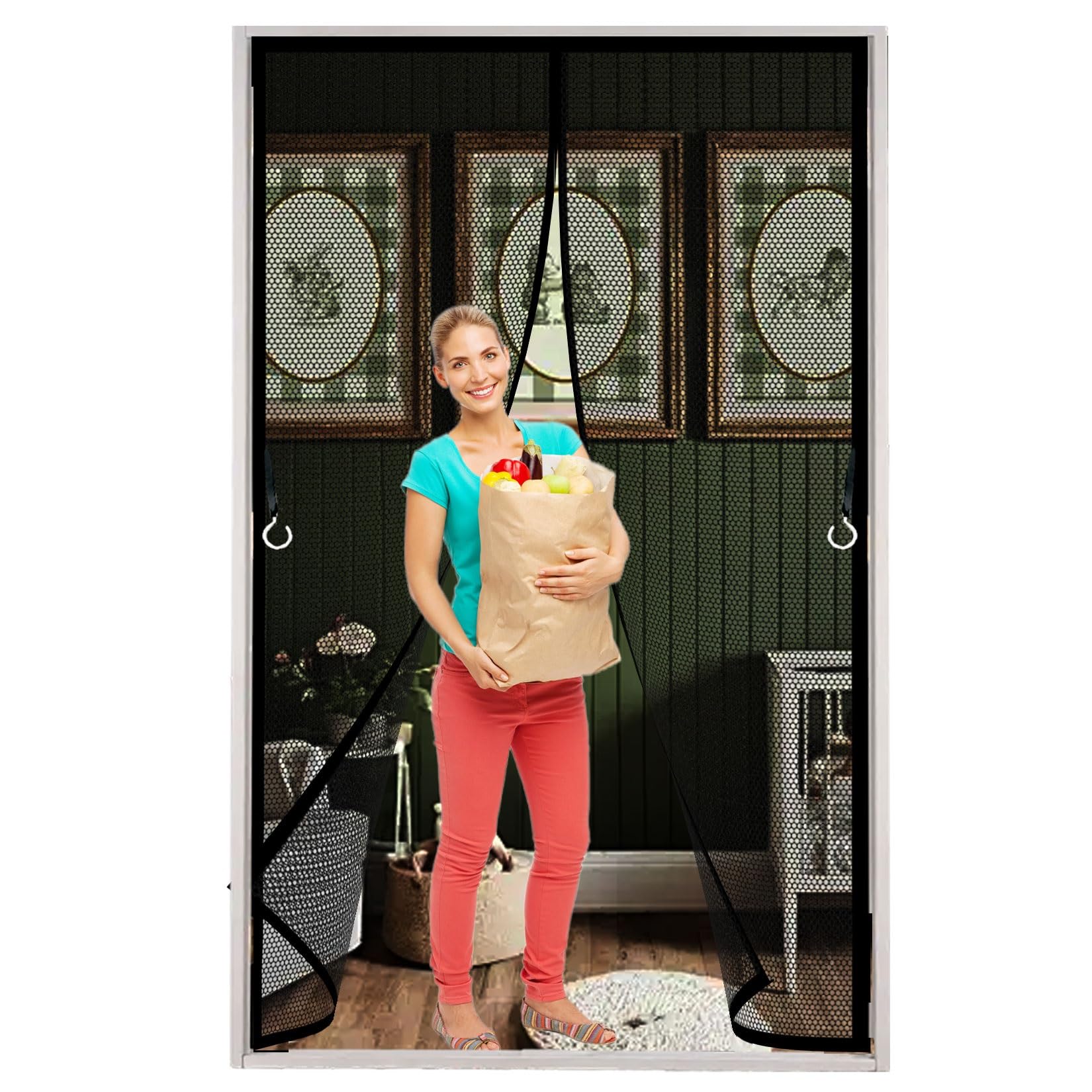 Magnetic Screen Door 123 x 173 cm Full Frame Magic Tape, Powerful Magnets Fly Screens Doors Nets Heavy Duty, Lets Fresh Air for Keeping Out Flies, Black