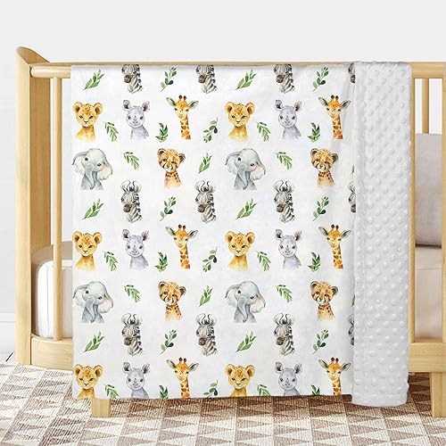 Miniatura 4 de Mantas de bebé de animales de la selva safari para niños y niñas, mantas suaves para guardería con respaldo punteado de doble capa, cochecito de