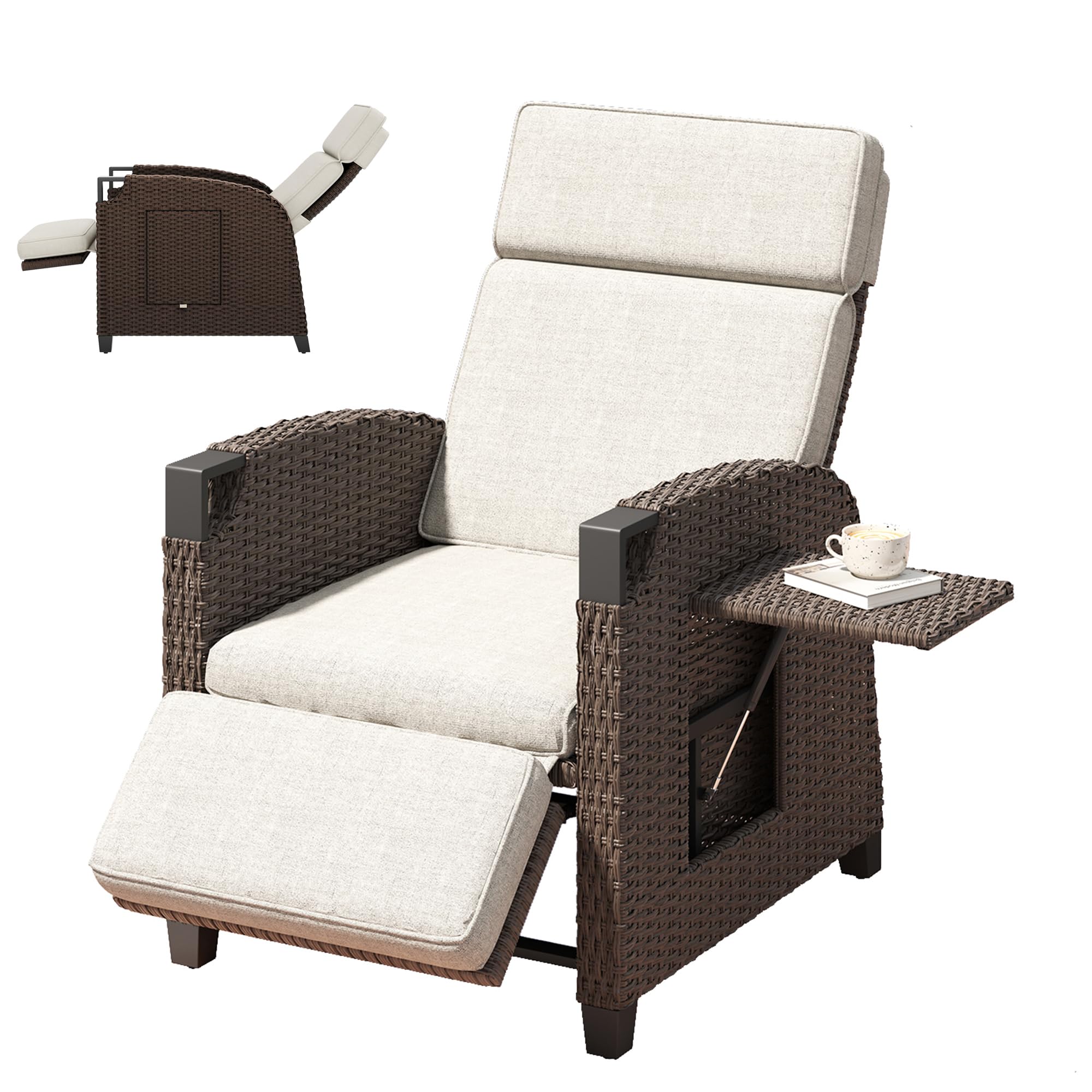 Amopatio Relaxliege Liegesessel, Rattan Sonnenliege mit Verstellbar Rückenlehne und Klapptisch, Outdoor Gartensessel wetterfestes, für Terrasse, Garten, Balkon, Beige Sitzkissen & Dunkelbraun Rattan