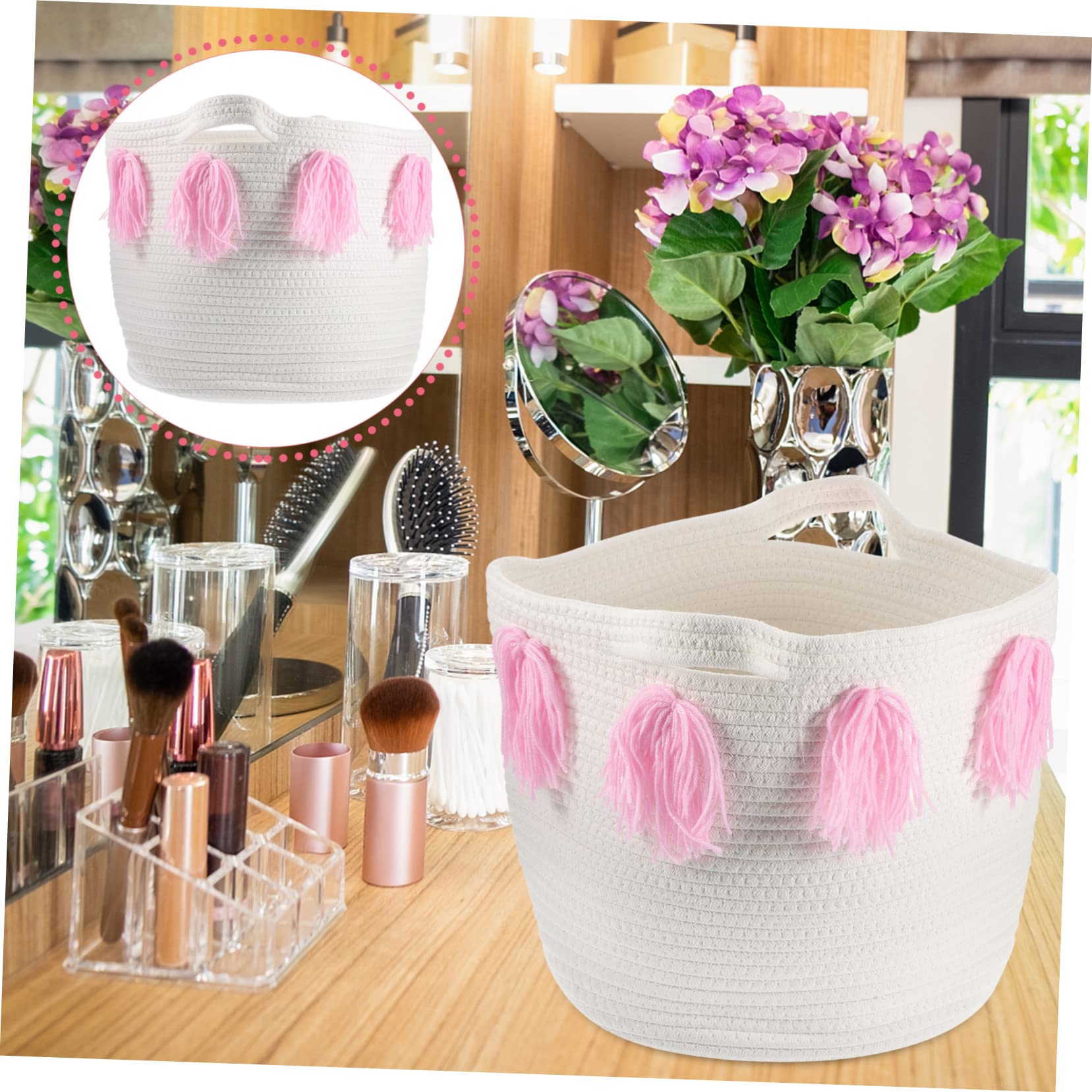 IMIKEYA Cesta Organizadora de Escritorio de Cuerda de Algodón Rosa | Estilo Nórdico Simple, Flecos de Tassel, para Almacenamiento Doméstico y Decoración del Hogar