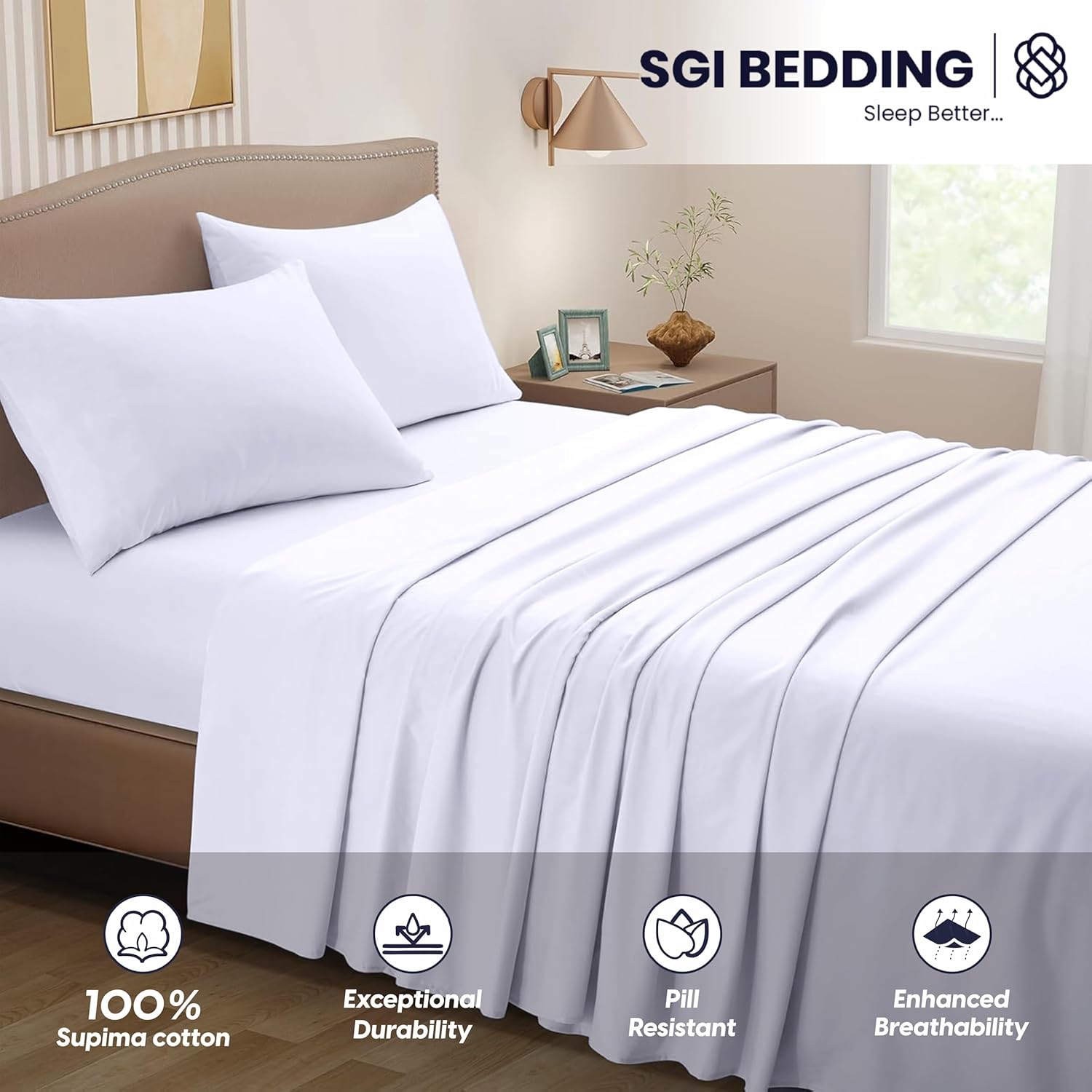 SGI 1200 Thread Count Supima Cotton Queen Sheet Set – Ultra Soft, Cooling & Deep Pocket 18” Fitted, Breathable & Durable 4-Piece Bedding Set for Luxury Hotel Quality Comfort -White