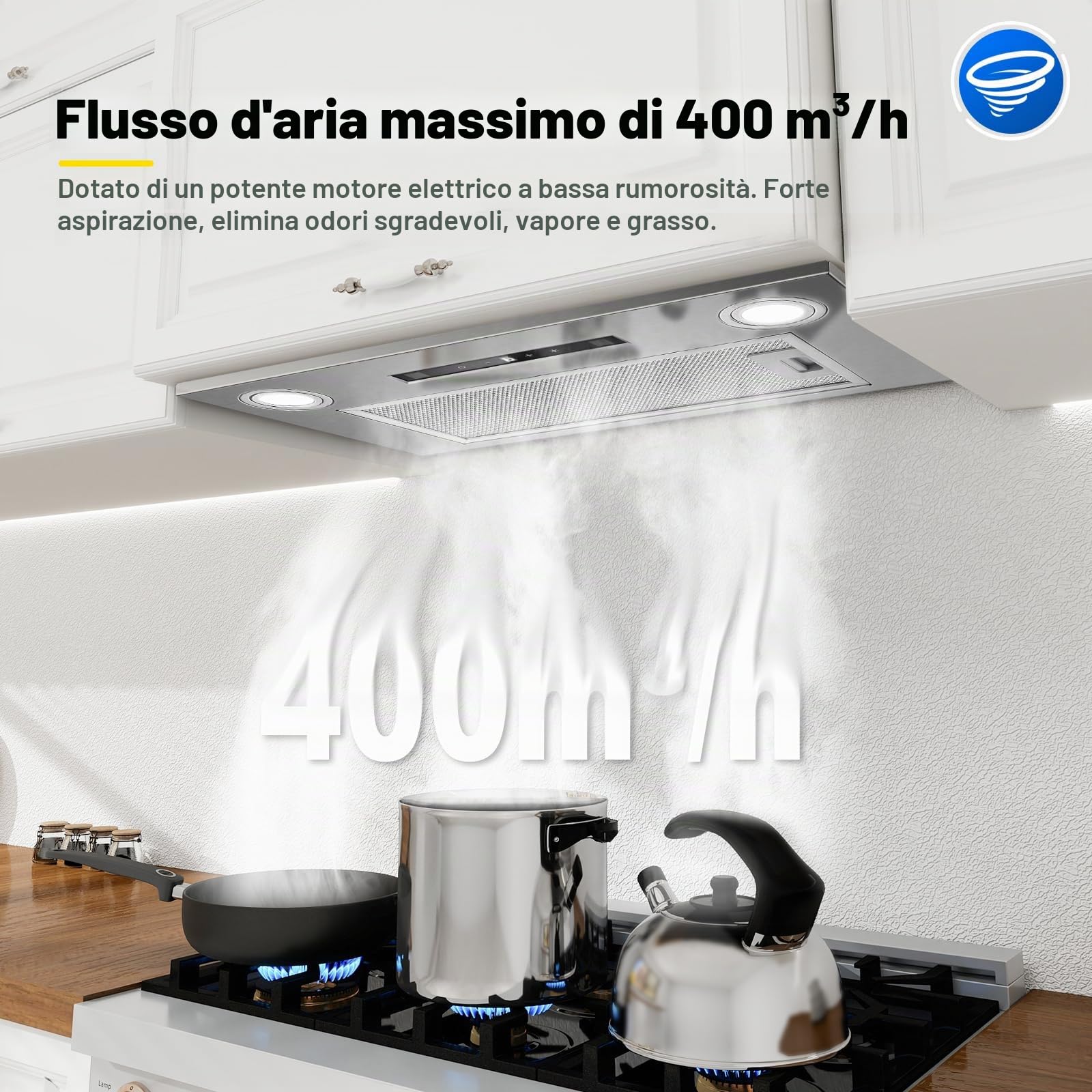 Cappa da incasso 52 cm, 400 m³/h Cappa da cucina, 3 velocità e Funzione Booster, Comandi Gesto, Tocco, Illuminazione a LED, Evacuazione dei condotti e ricircolo con filtro carbone attivo