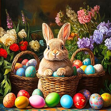MEIYUDA 5D Easter Diamond Painting Kits for Adults, DIY Rabbits and Colored Eggs DIY Full Drill Diamond Art for Adults Beginners Crafts Kits, Cute Bunny Diamond Art Kit for Home Wall Decor 1212in