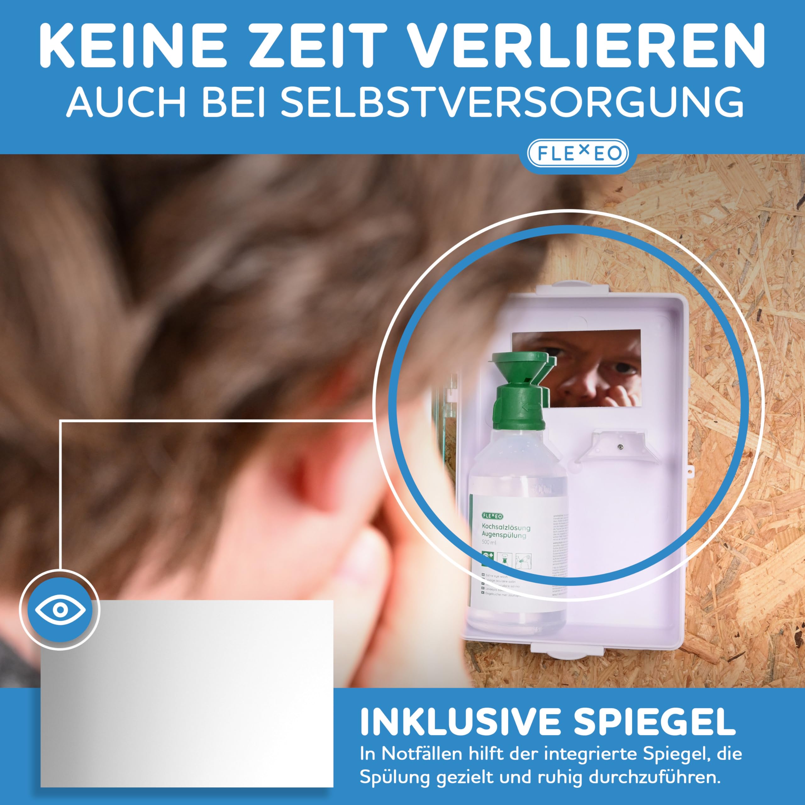 FLEXEO Stacja do płukania oczu w zestawie (1x 500 ml NaCl roztworu soli kuchennej + 1x 250 ml buforu fosforanowego) z uchwytem ściennym – płukanie oczu – prysznic oczu – sterylny NaCl roztwór do