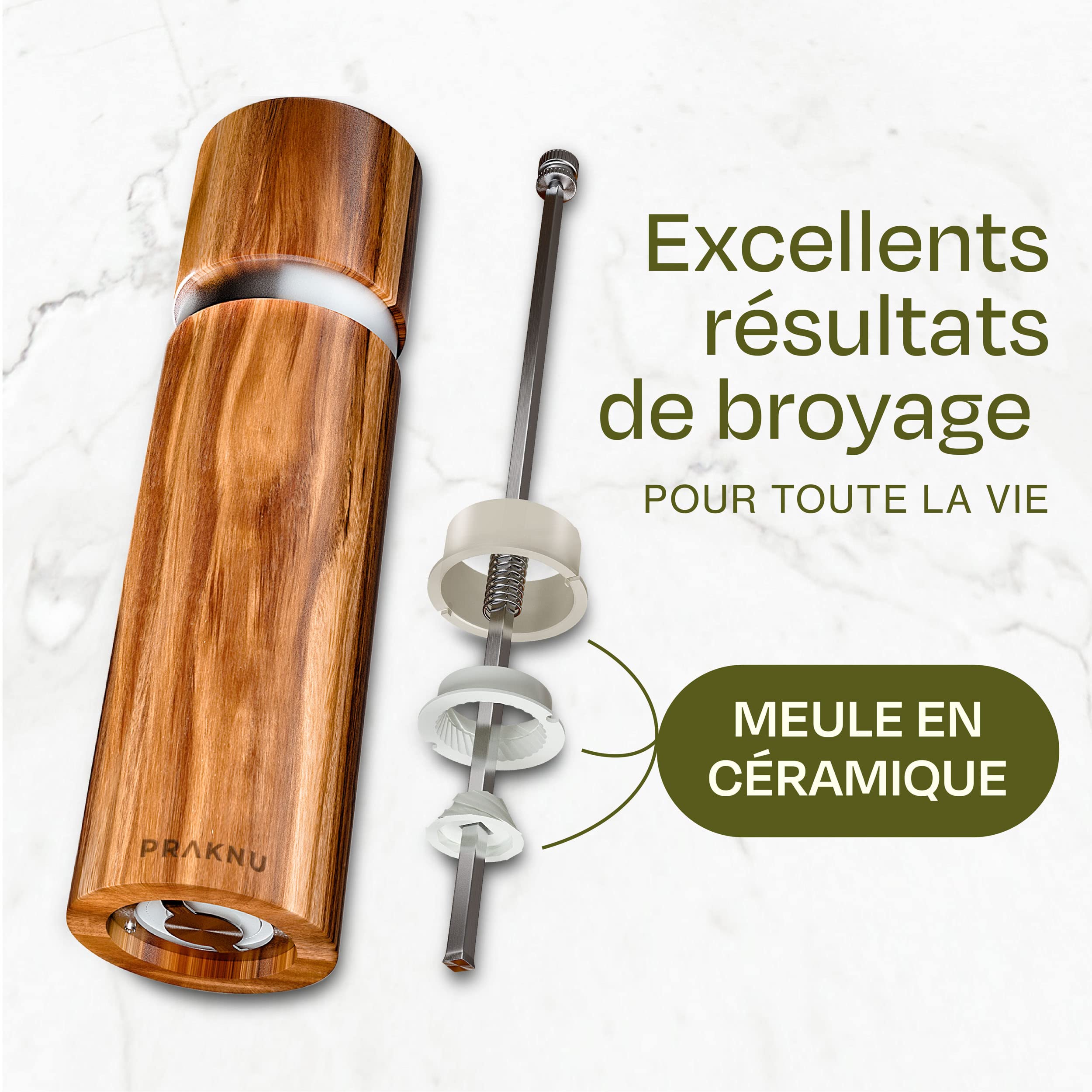 Praknu Moulin à Poivre et à Sel en Bois d'Acacia – Poivrière – Soucoupe | Broyeur en céramique durable, sans plastique, bois certifié FSC, dessous de plat fourni, pour la table du repas