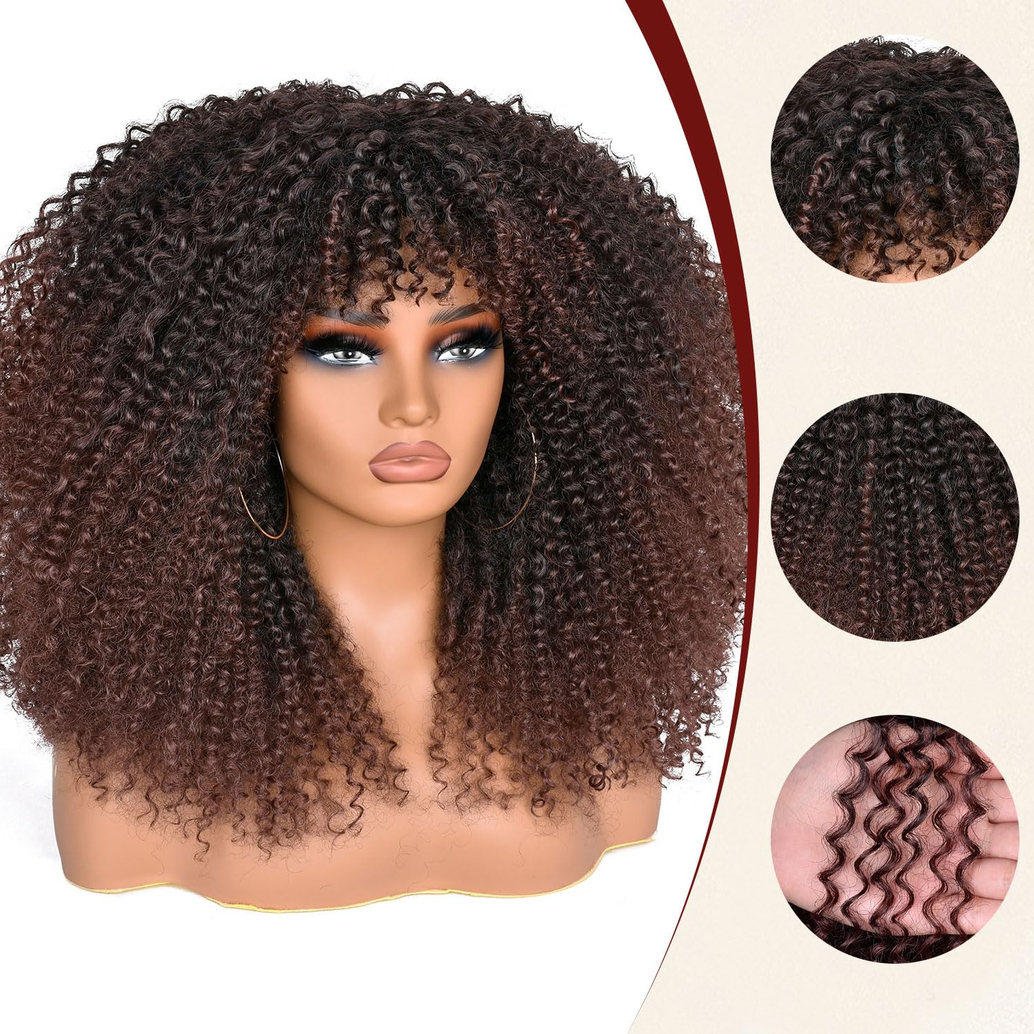 Lizzyhair Afro Wigs for Black Women 18 Inch Curly Bomb Wig with Bangs Synthetic Fiber Glueless Long Kinky Curly Hair Wig for Daily Party (Dark Brown) - Image 3