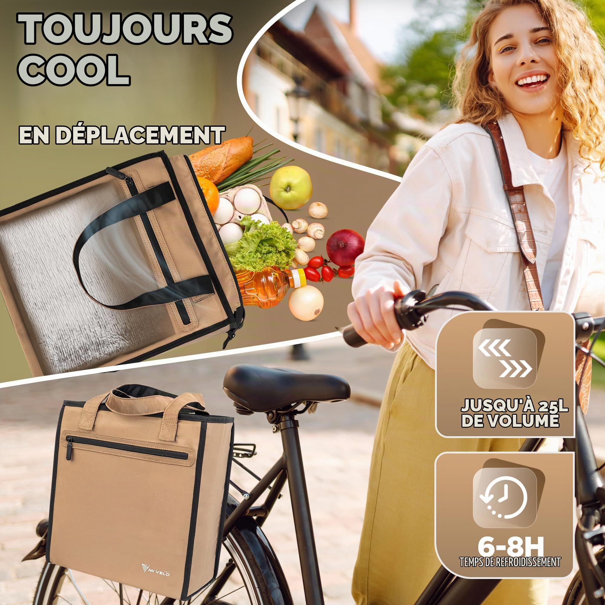 MIVELO Sacoche de vélo pour porte-bagages - Sac de courses pour vélo Shopper - Sacoche de porte-bagages avec sac isotherme amovible - Sac de rangement, sac de transport et sac à bandoulière - 25 l
