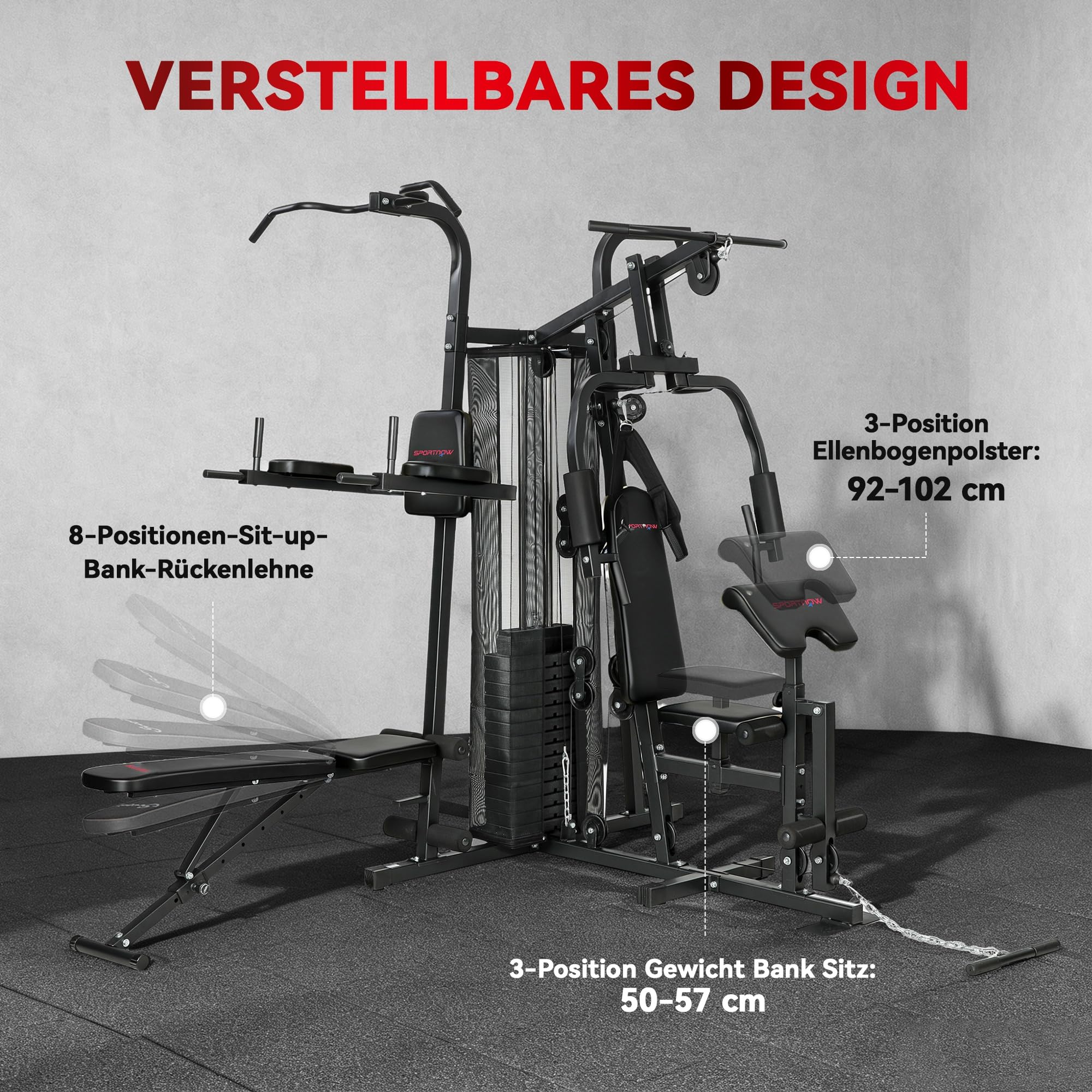 SPORTNOW Kraftstation Fitnessstation mit Latzug Butterflystange 69kg Gewichten, Seil, verstellbar Bank, Multifunktion Multistation bis zu 120kg belastbar Fitnessgerät Trainingsstation für Zuhause