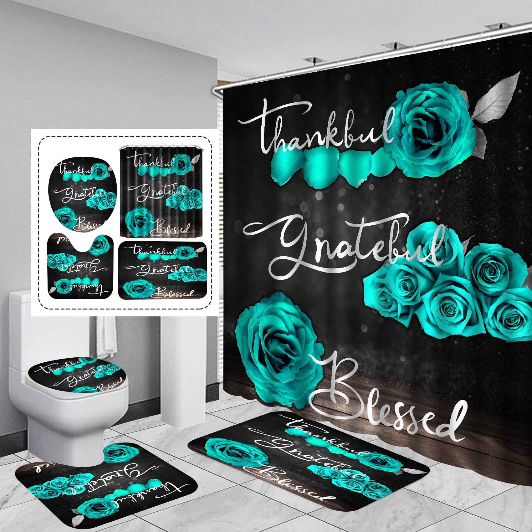 Amazon.com: MitoVilla 4 Pcs Teal Blue Bathroom Sets with Shower Curtain ...