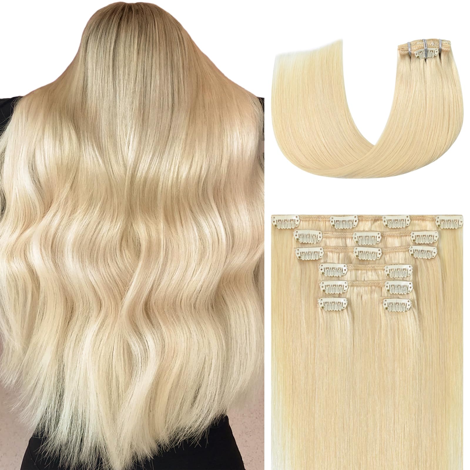Ukira Platinum Blonde Hair Extensions for Women Real Human Hair, 12 Inch 100g 7pcs #60 Clip in Hair Extensions, Soft Natural Straight Blonde Remy