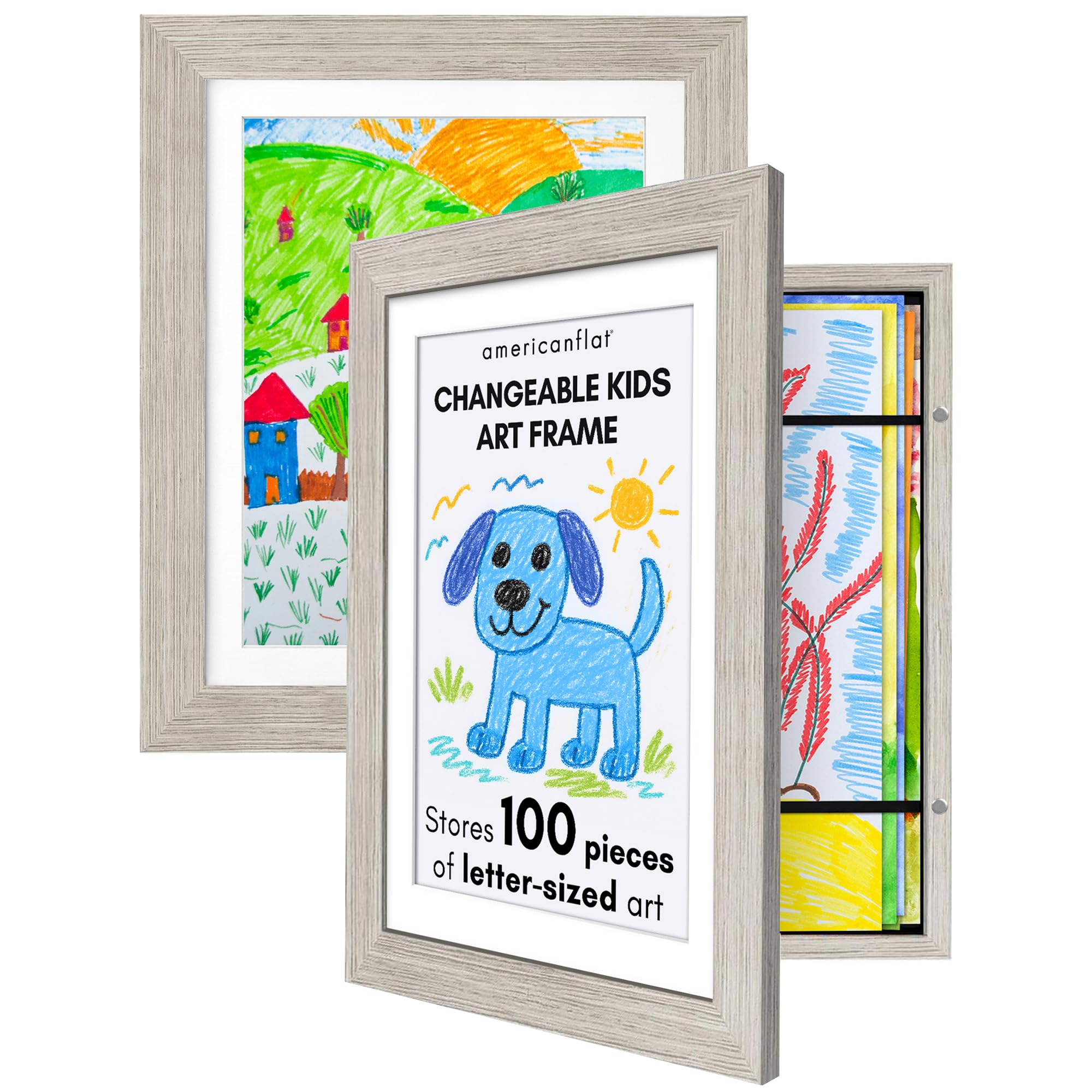 Americanflat Kids Artwork Frame Changeable (Driftwood) - Magnetic Door Holds 100 Art Pieces - 8.5x11 Letter Size Display with Mat or 10x12.5 Without Mat - My Mini Masterpiece (Set of 2)