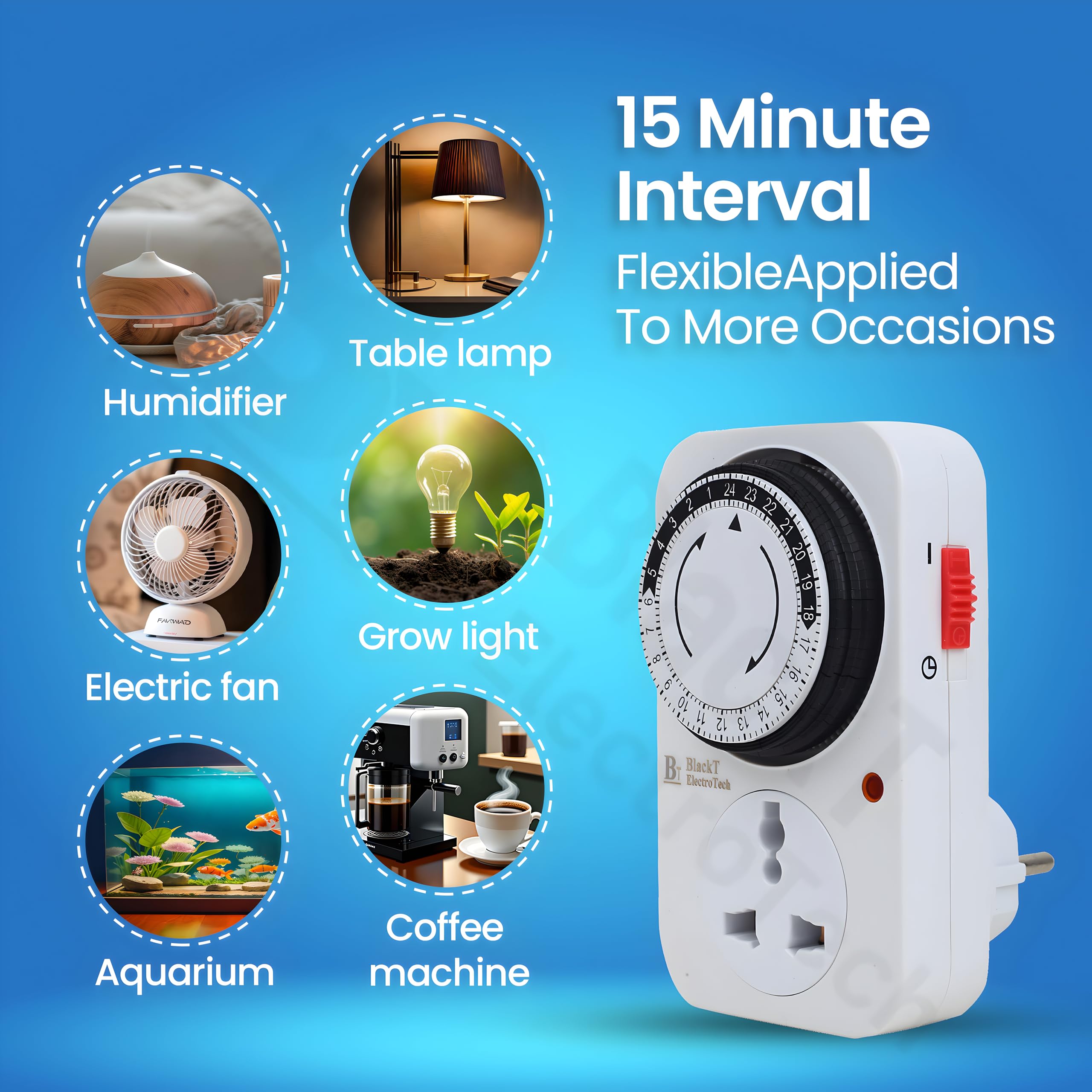 Blackt Electrotech BT41PM 24 Hour Plug-in Mechanical Timer Switch (10 Amp, 230V) - Programmable Analog Timer Socket for Lamps, Aquariums, and Home Appliances - 15 Minute Intervals 3