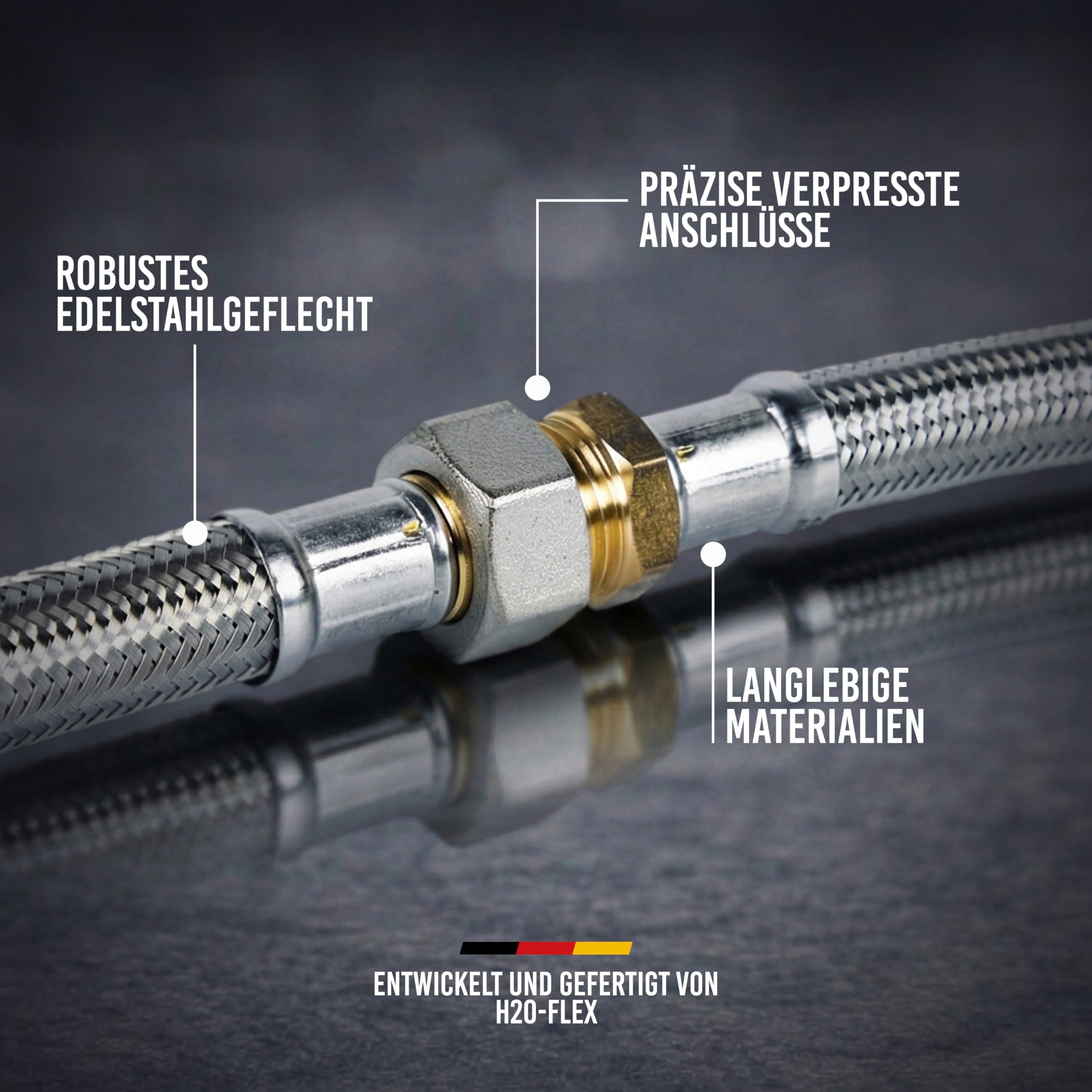 Tubo corazzato 3/4" ÜM x 3/4" ÜM, DN19, approvato per acqua potabile, 1,2 m | Tubo flessibile in acciaio inox, in HDPE, PN10, prodotto in Germania, per impianti di acqua potabile e impianti sanitari