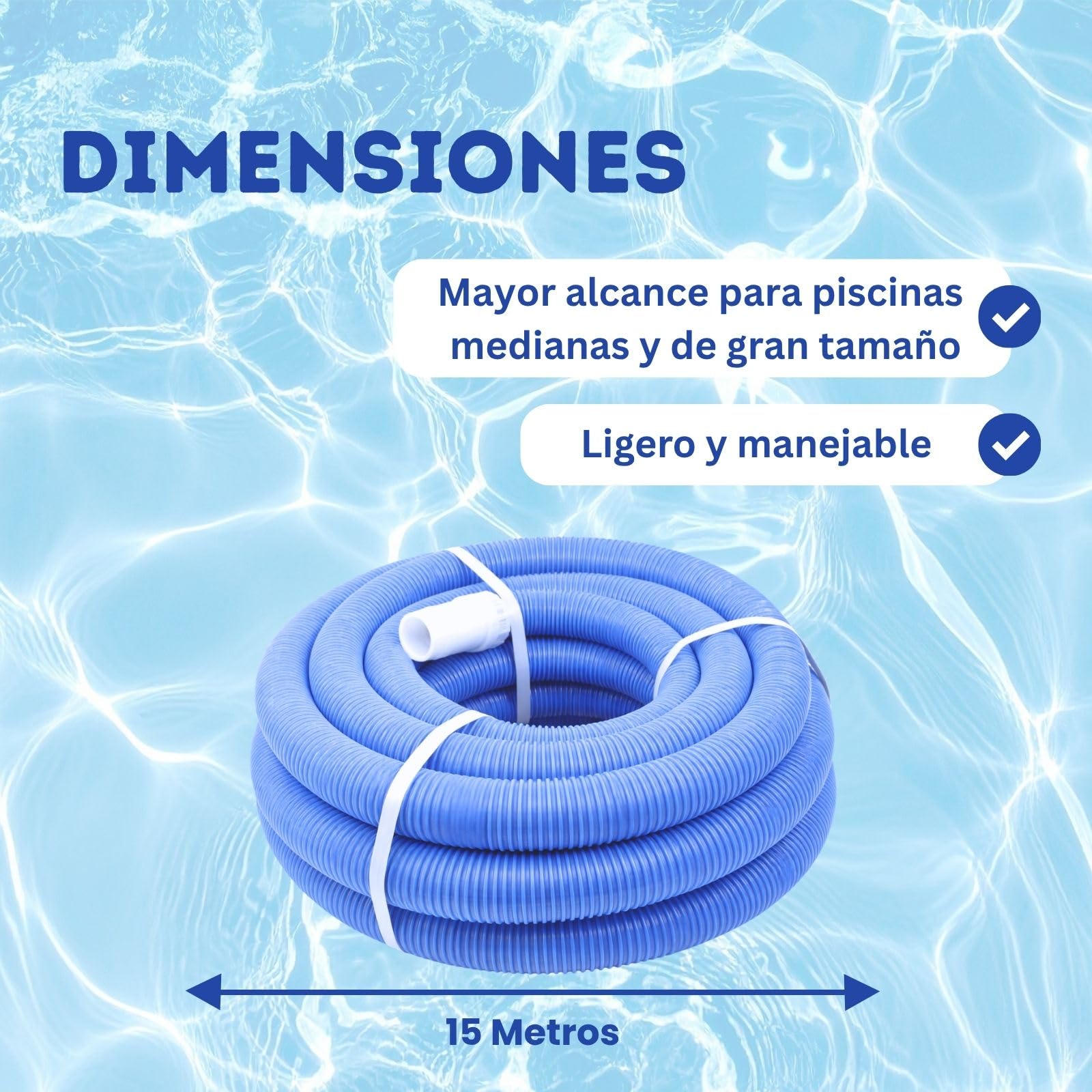ONEPOOL Manguera para Limpiafondos Piscina 15 m | Tubo Corrugado Flexible para Aspiración y Limpieza de Piscinas | Compatible con Limpiafondos y Boquillas Estándar 38 mm | Resistente UV.