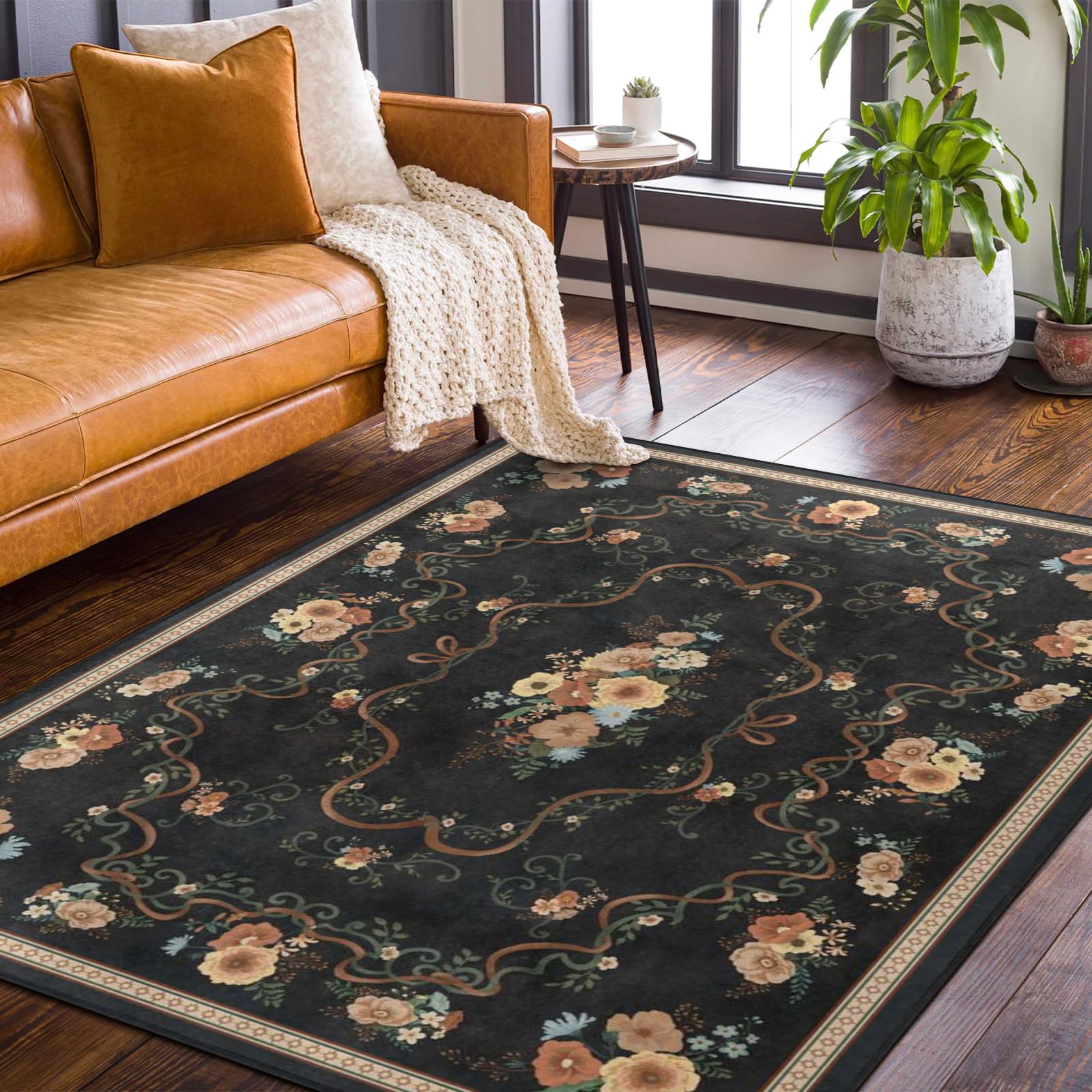 Amorettise Modern Floral Area Rug 7' x 5' Black Vintage Flowers Rugs Non-Slip Washable Boho Floor Carpet for Living Room Bedrooms Kitchen
