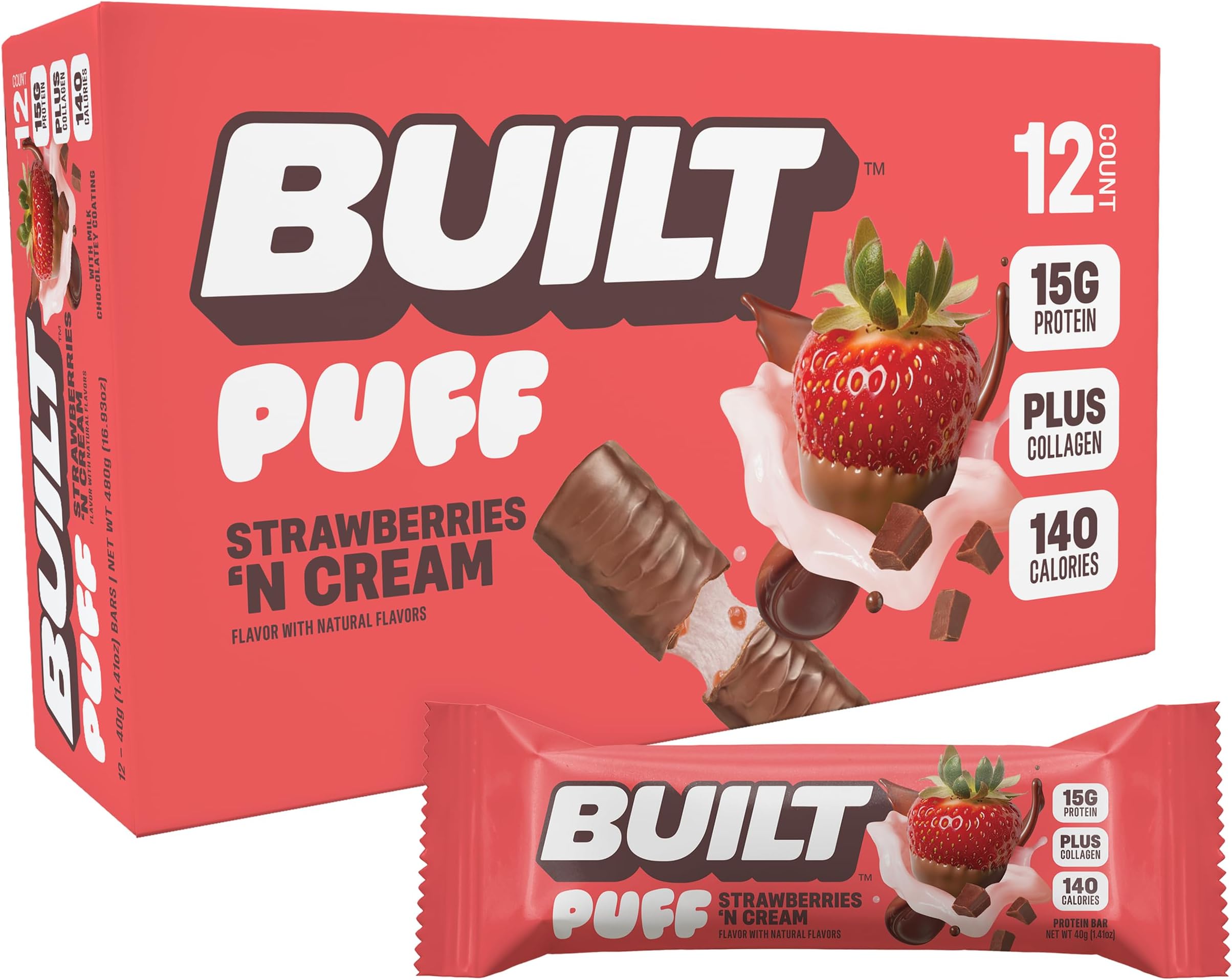 BUILT Bar Puff Protein Bars - Strawberries 'N Cream - 15g Protein Snack Bars with Collagen - Calorie Conscious & Gluten Free - 12 Count