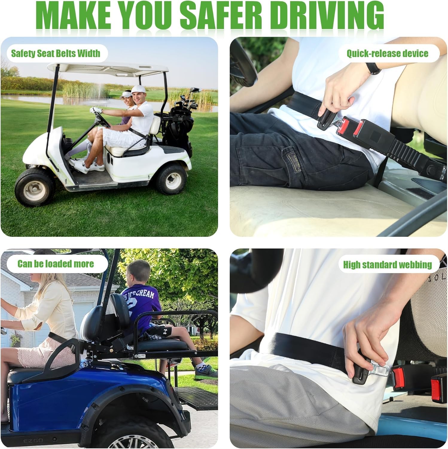 10L0L Cintura di sicurezza per golf cart Yamaha, EZGO, Club Car, 106,7 cm, universale, retrattile, con fibbie, con certificazione DOT
