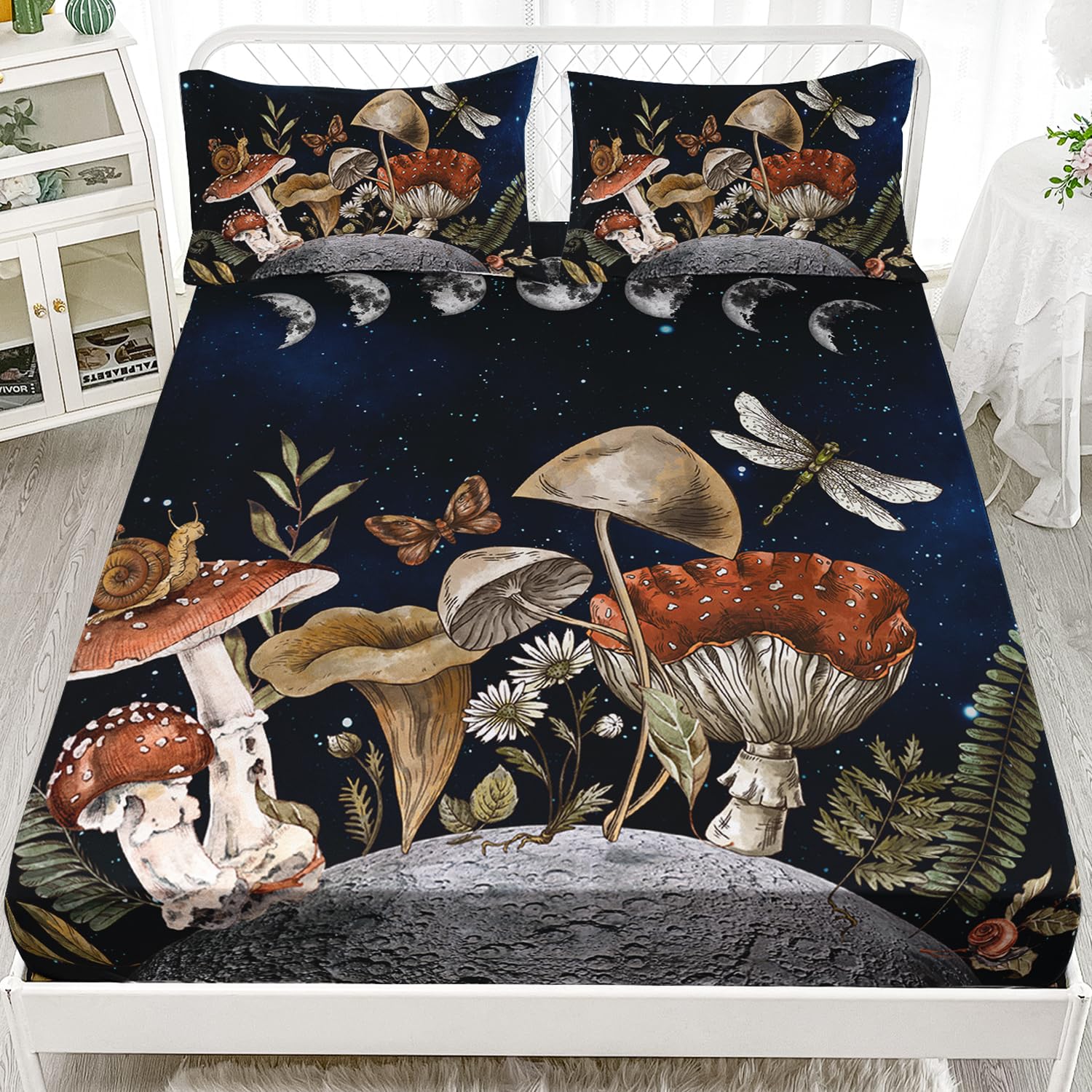 AILONEN Mushroom Fitted Sheet Twin XL Size, Magic Mushroom Bedsheets Set for Kids Girls,Nature Plant Boho Style Bed Sheet Set 3 Pieces,(1 Fitted Sheet