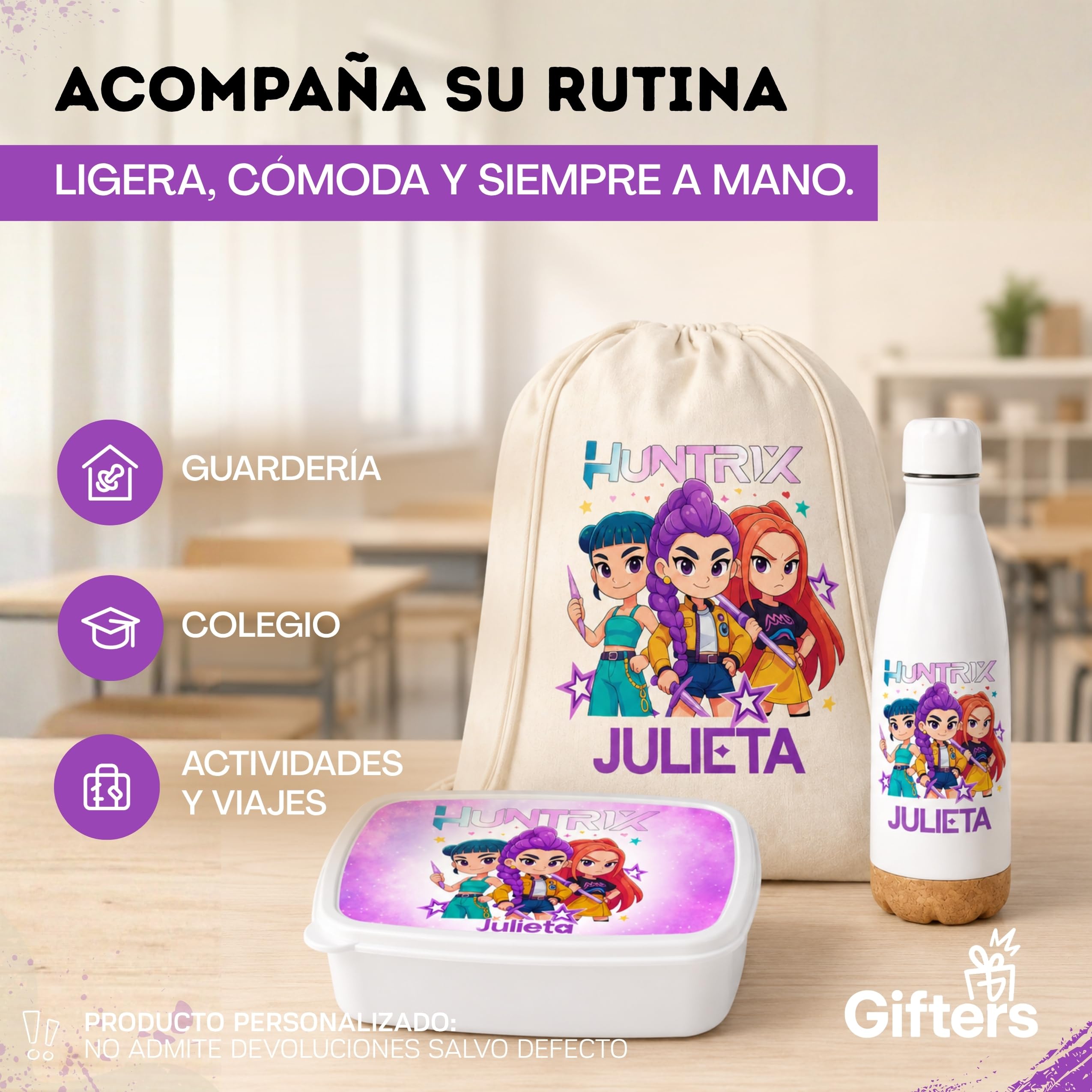 Gifters | Pack Mochila Cuerdas, Táper y Botella Personalizados con Nombre | Bolsa Tela 34 x 42 cm + Fiambrera + Botella Acero Inoxidable 750 ml | Guardería, Colegio, Excursiones y Educación Infantil