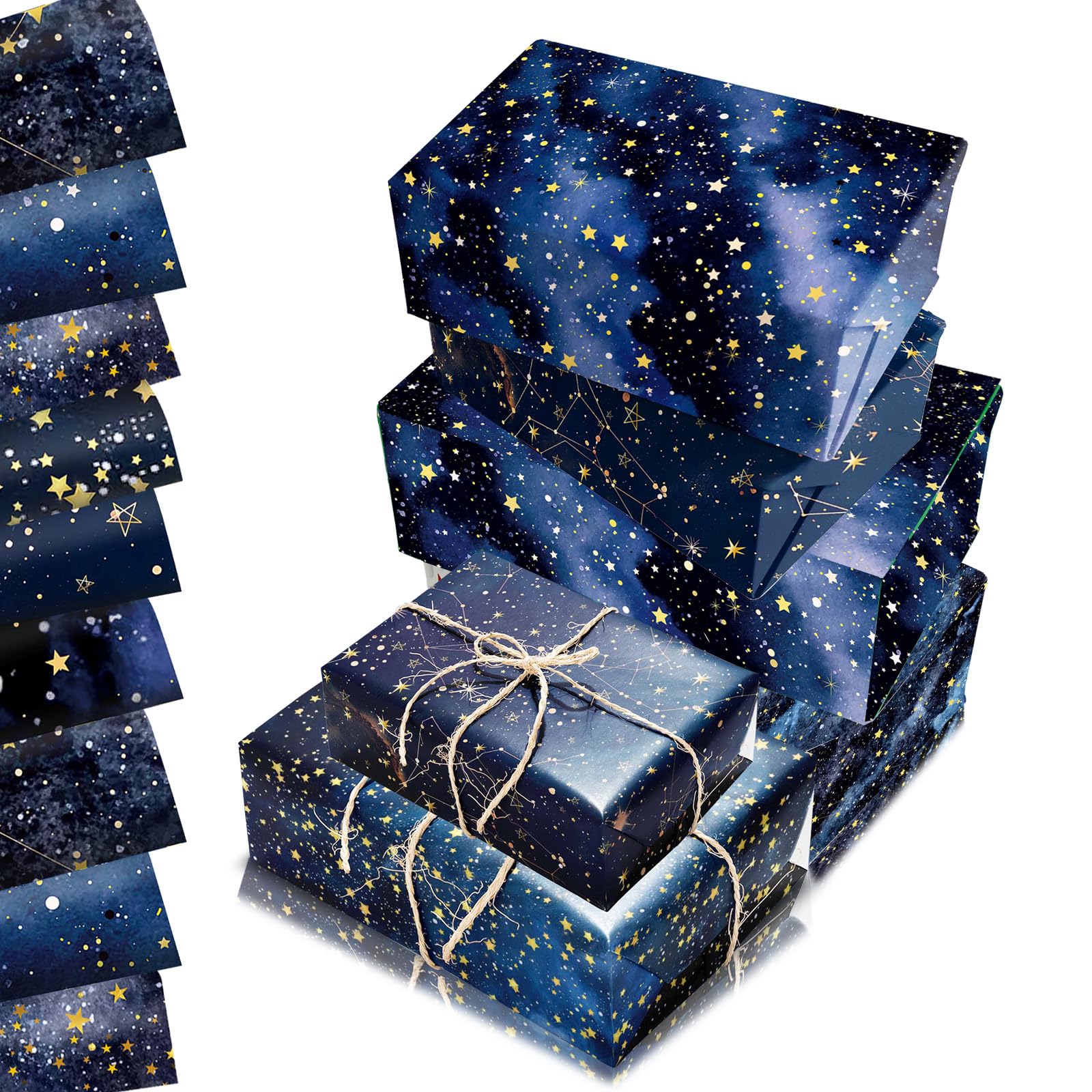 Starry Night Wrapping Paper Sheets 68x50cm,12 Sheet Watercolor Navy Blue Gold Stars Gift Wrapping Paper,Recyclable Dark Blue Galaxy Wrapper for Boys Men Birthday Party Gift Wrap Boxes Decorations