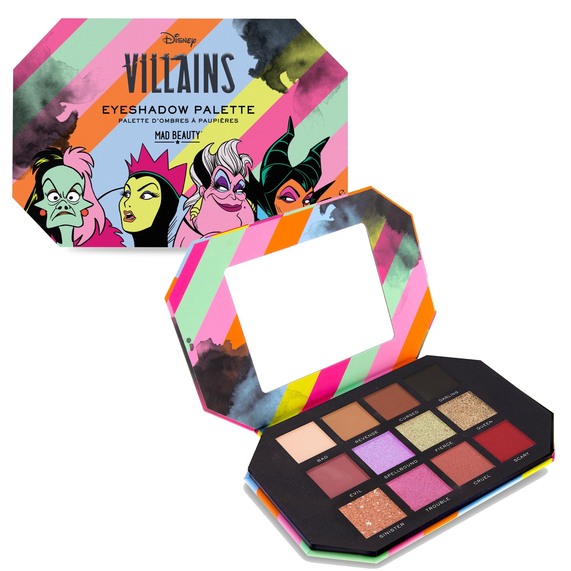 MAD BeautyDisney Villains Eyeshadow Palette, 12 Shades, Cruella De Vil, Evil Queen, Ursula, Maleficent, Wicked Fun Gift, Beauty