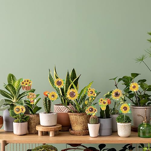Miniatura 7 de Huwena 12 piezas de pintura de diamante de girasol para decoración de jardín, estacas de pintura de diamante, flores, estacas de jardín, estacas de