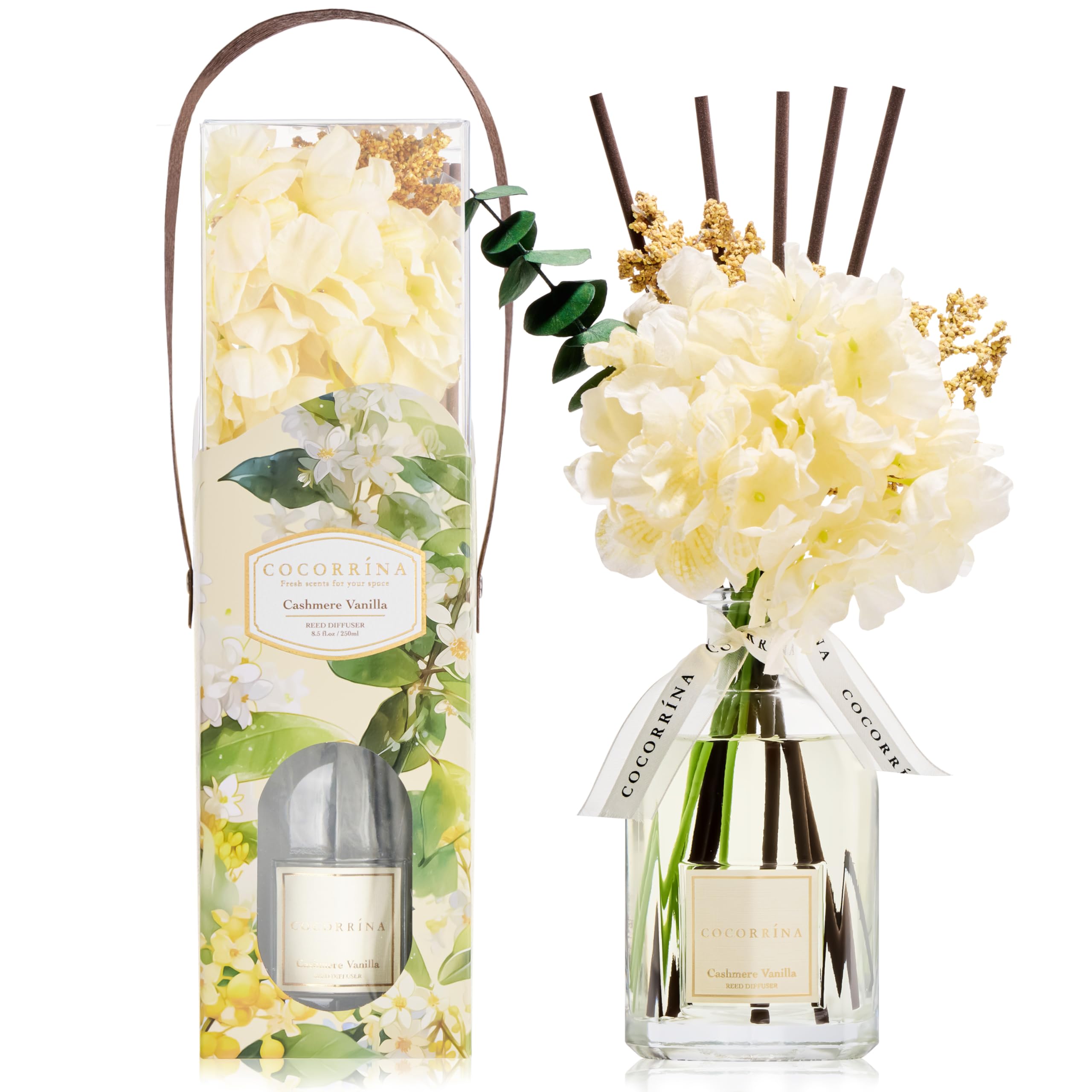 COCORRÍNA Blume 250ml Raumduft, mit Geschenkband und Duftstäbchen, Cashmere Vanilla, Natürlich, Langanhaltend, Home Duft für Wohnzimmer, Schlafzimmer, Badezimmer, Geschenk für Frauen