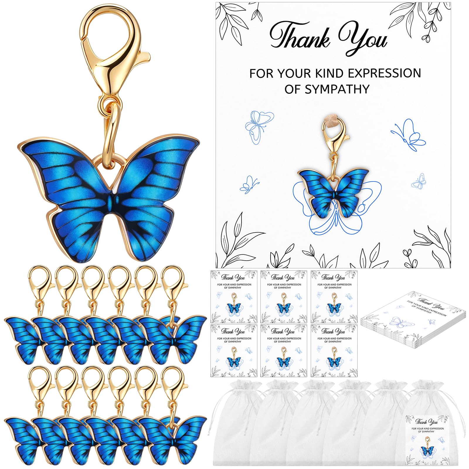 FUXIHUAYA 24 Sets Blue Butterfly Funeral Favours Mini Keychain Thank You Cards with Organza Bags Bulk Memorial Keyring Return Gifts for Women Guests