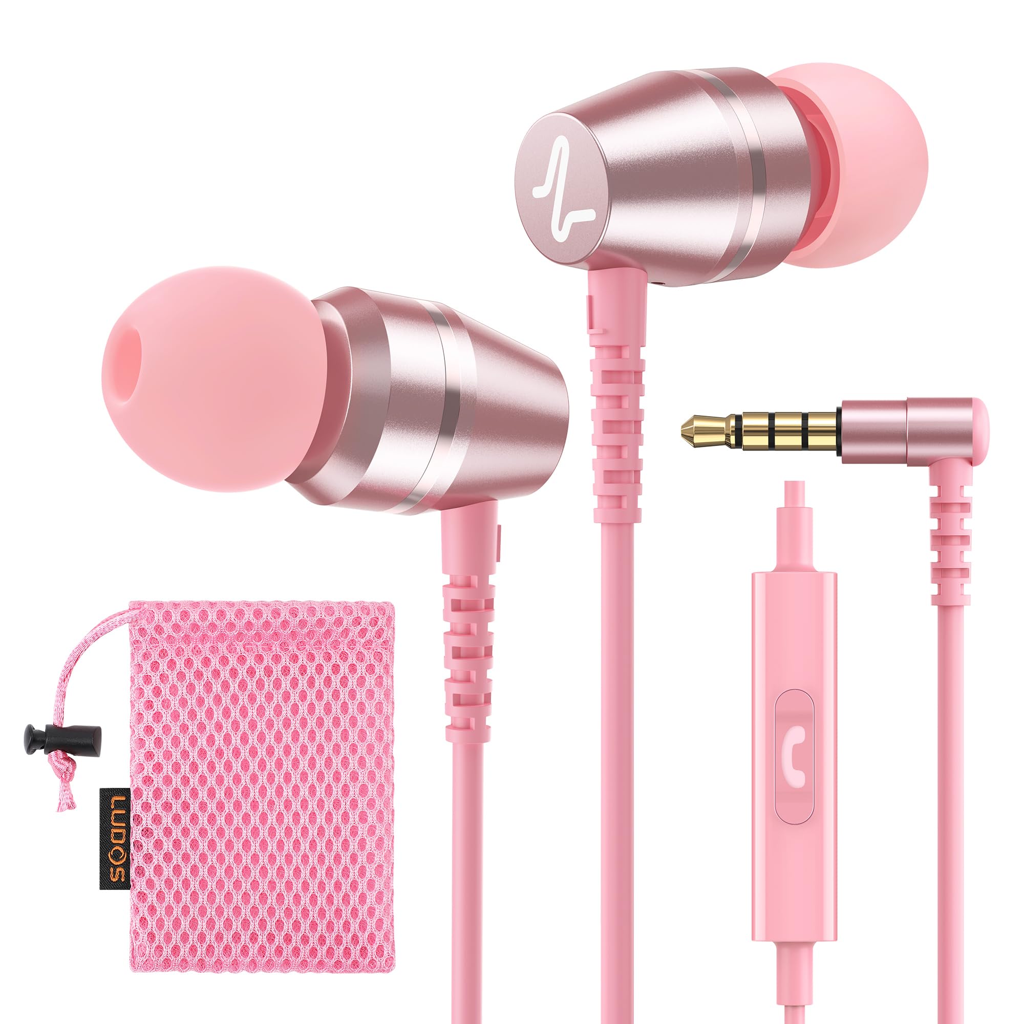 LUDOS OMNITONE In-Ear Headphones with Cable and Microphone, In-Ear Earphones, 3.5 mm Jack Plug Earbuds, Rich Bass Earphones, Headphones for iPhone, iPad, Samsung - Pink