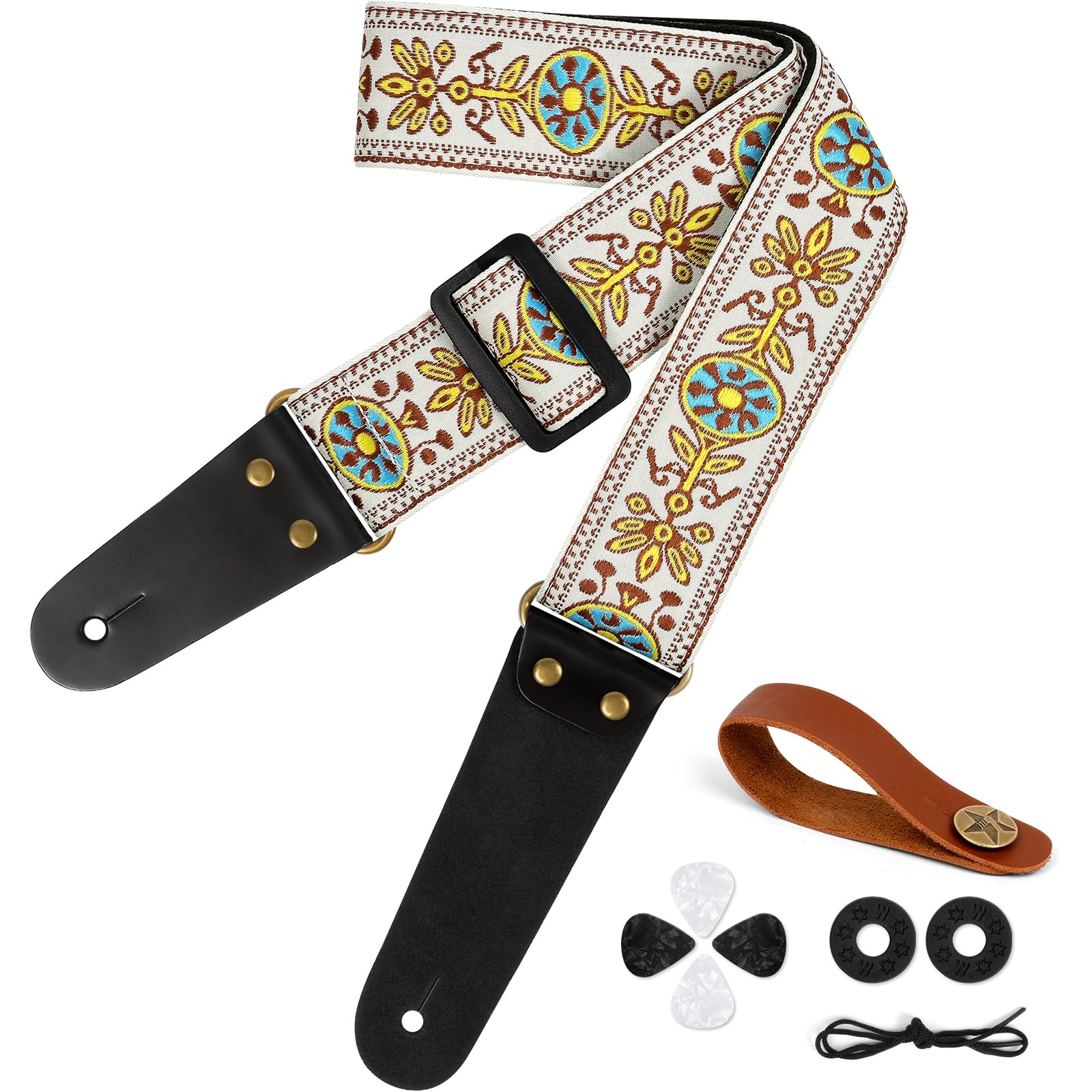 Aucuu Guitar Strap, 2" Embroidery Guitar Straps with Leather Ends Shoulder Strap