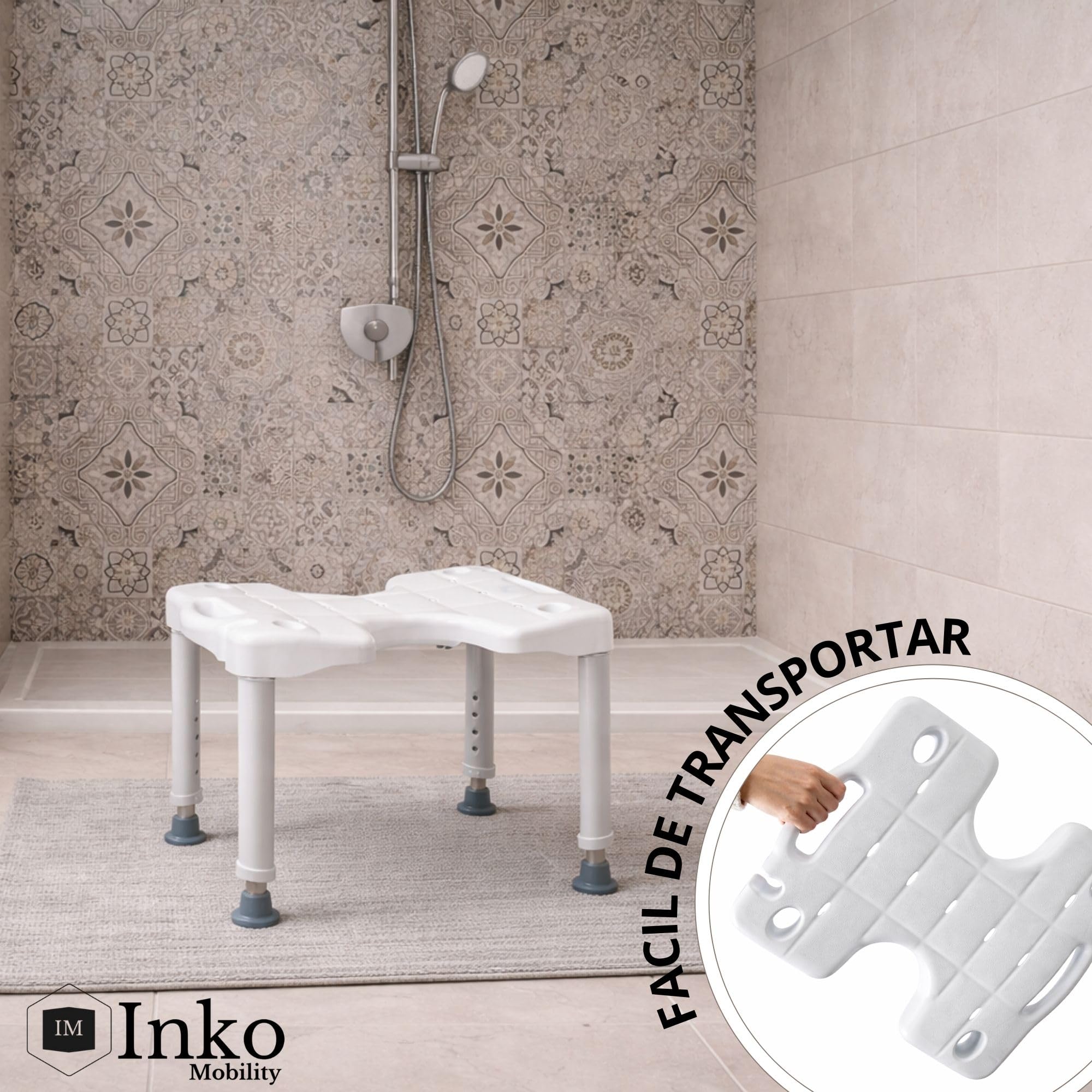 Taburete de Ducha Antideslizante para Personas Mayores y Movilidad Reducida, Altura Regulable, Asiento Seguro de Baño, Ligero y Resistente hasta 130 kg, Aluminio Blanco - Marca ESPAÑOLA