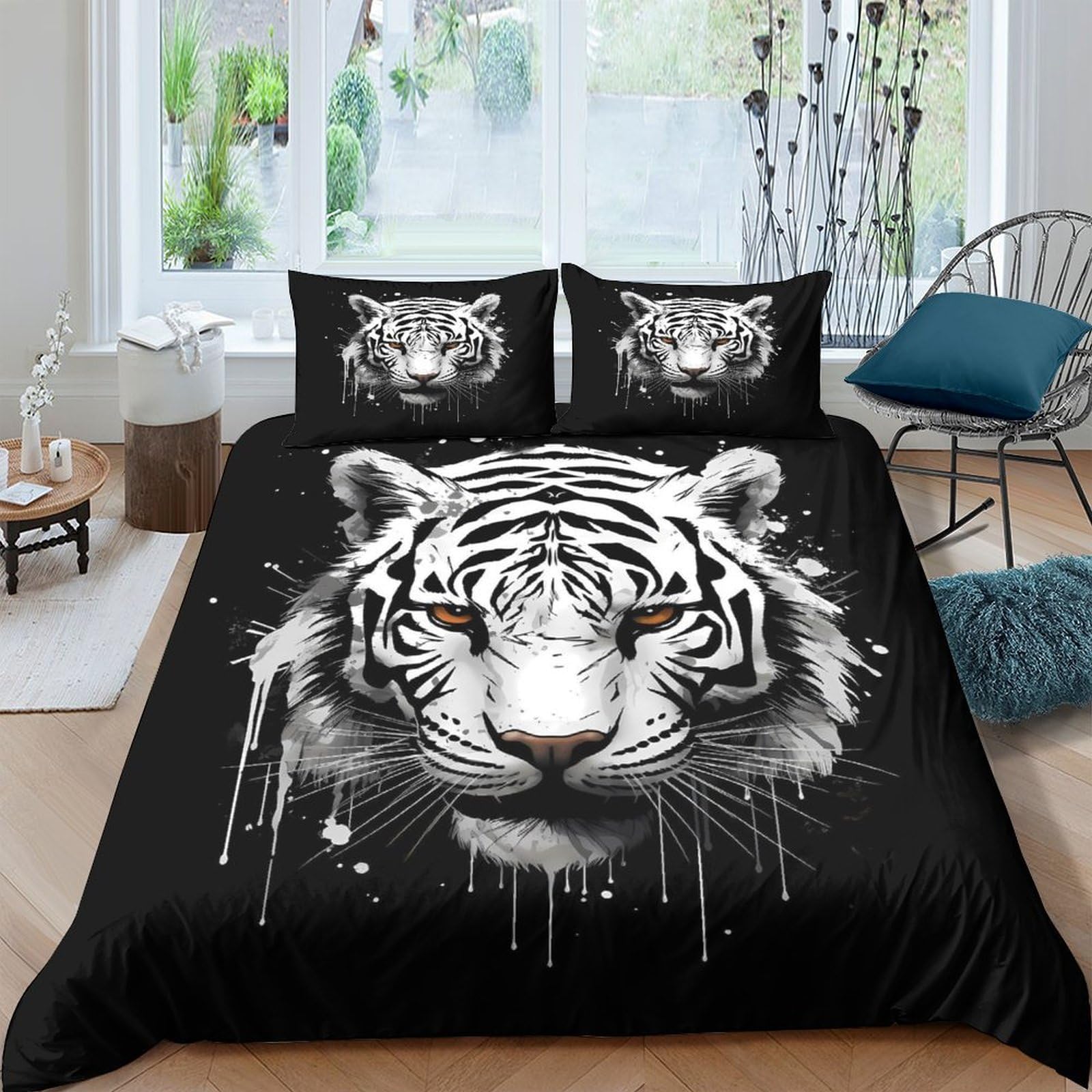 Ctjqhvkz Style-1 3D Printed Tiger Face Fitted Sheet Microfiber Soft Black White Wild Animal Bed Cover For Bedroom Dorm Mattress Protection Decor Single（135X200cm）