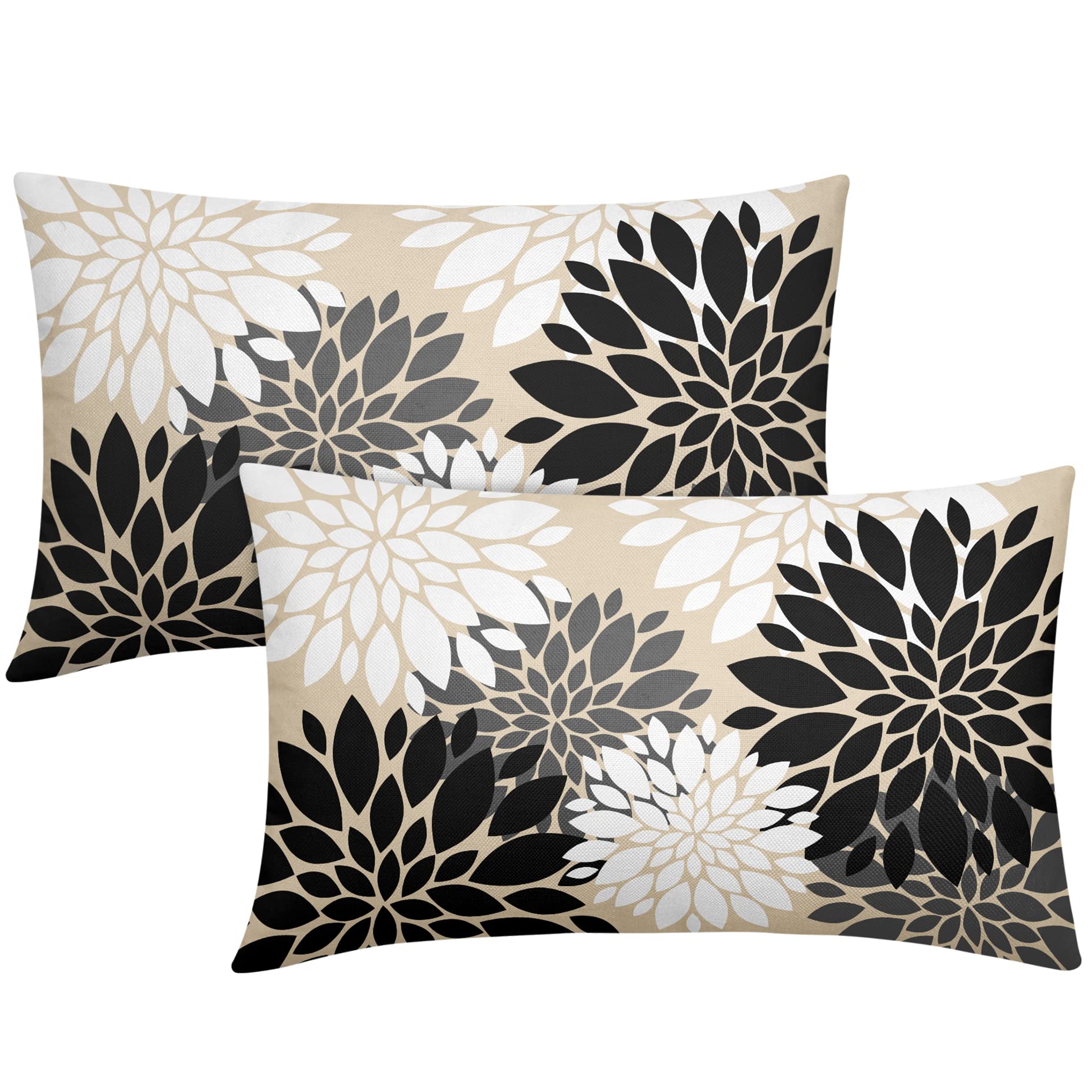 Smozenith Black White Floral Pillow Covers 12X20 Inch Set of 2, Grey Gray Modern Geometry Dahlia Print Decorative Throw Pillow Covers Outdoor Farmhouse Cushion Case for Home Couch Sofa Bed Decoration — image 1