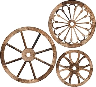 3 Piece Wooden Wagon Wheel Wall Decor 12/10/8 Inch Old West Wagon Wheel Wall Art Farmhouse Wagon Wheel Rustic Yard Decor Wood Hanging Decorative Wheels for Indoor and Outdoor Garden Home Bar Garage