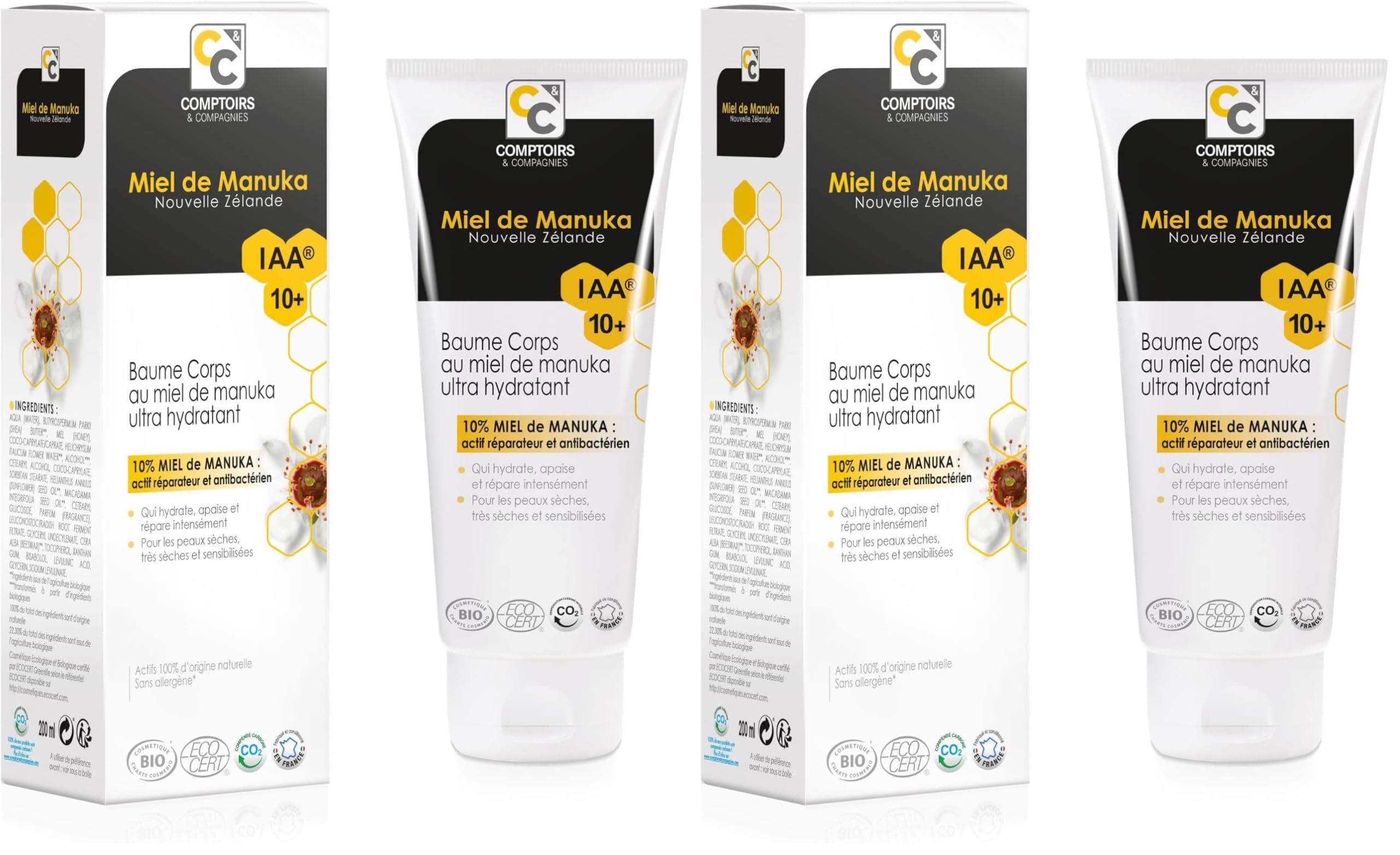 COMPTOIRS ET COMPAGNIES - Baume Ultra Hydratant au Miel de Manuka IAA10+ - Favorise la Réparation des Peaux Sèches - Certifié Bio - 200ml (Lot de 2)
