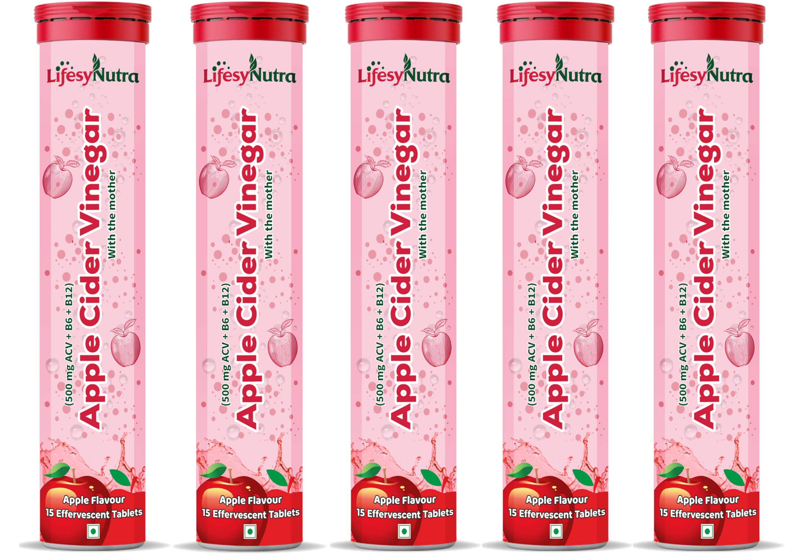 Lifesy Nutra Apple Cider Vinegar Effervescent Tablets | ACV with mother for weight loss, Boosts Metabolism, Improves digestion | Pomegranate With vitamin B6 & B12 | 100% vegan - 30 Tablets (75 count (Pack of 5), Apple)