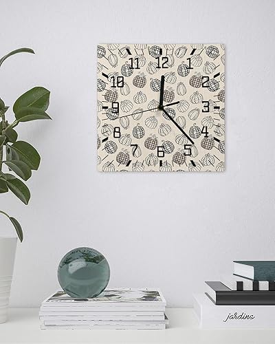 Miniatura 3 de Thanksgiving Wooden Wall Clock Silent Non Ticking, Black Hand Draw Plaid Polka Dot Pumpkins Burlap Square Wall Clock Battery Operated, Decor Clock