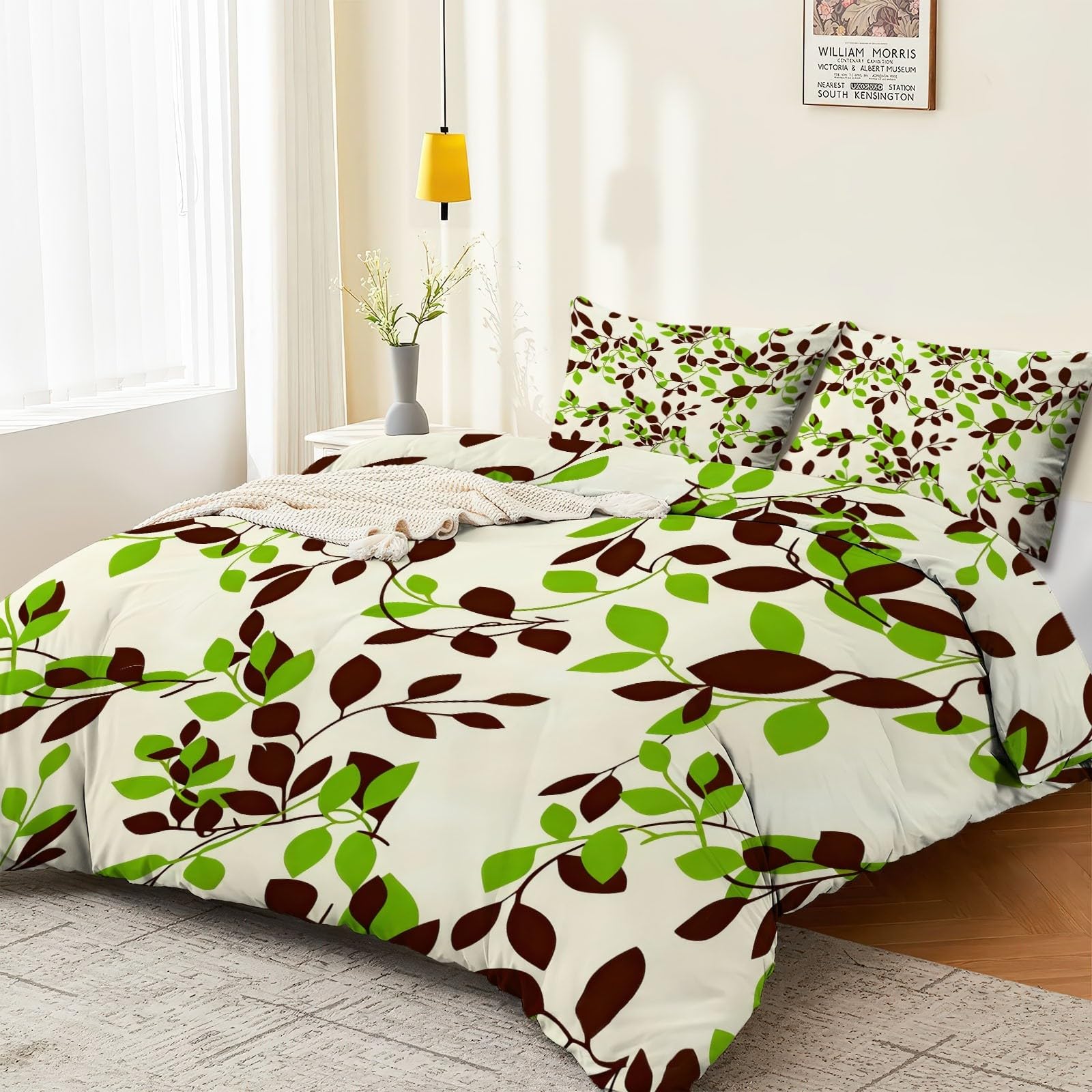 Housse de couette 240 cm X 260 cm parure de lit 2 personnes microfibre beige feuilles