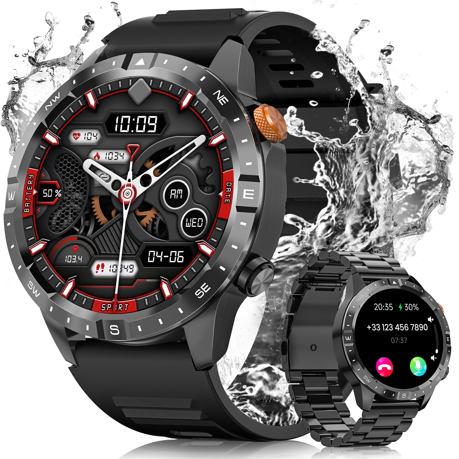 2024 Reloj Inteligente Hombre, 1.43" AMOLED Smartwatch con Llamadas, 24/7 Pulsómetro SpO2, Monitor de Sueño, Podómetro, 450mAh IP68 Impermeable Pulsera Actividad 70+ Modos Deportivos Android iOS Negro