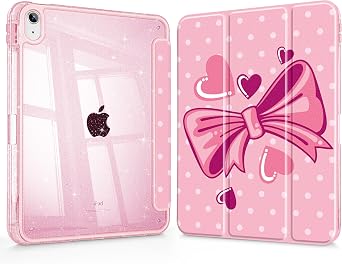 Tuiklol for iPad 11 inch A16 Chip 2025 11th Gen/iPad 10.9 inch 2022 10th Gen, Buit in Pencil Holder with Shockproof Cover Glitter Transparent Back Shell Case Auto Wake/Sleep,Pink Bow