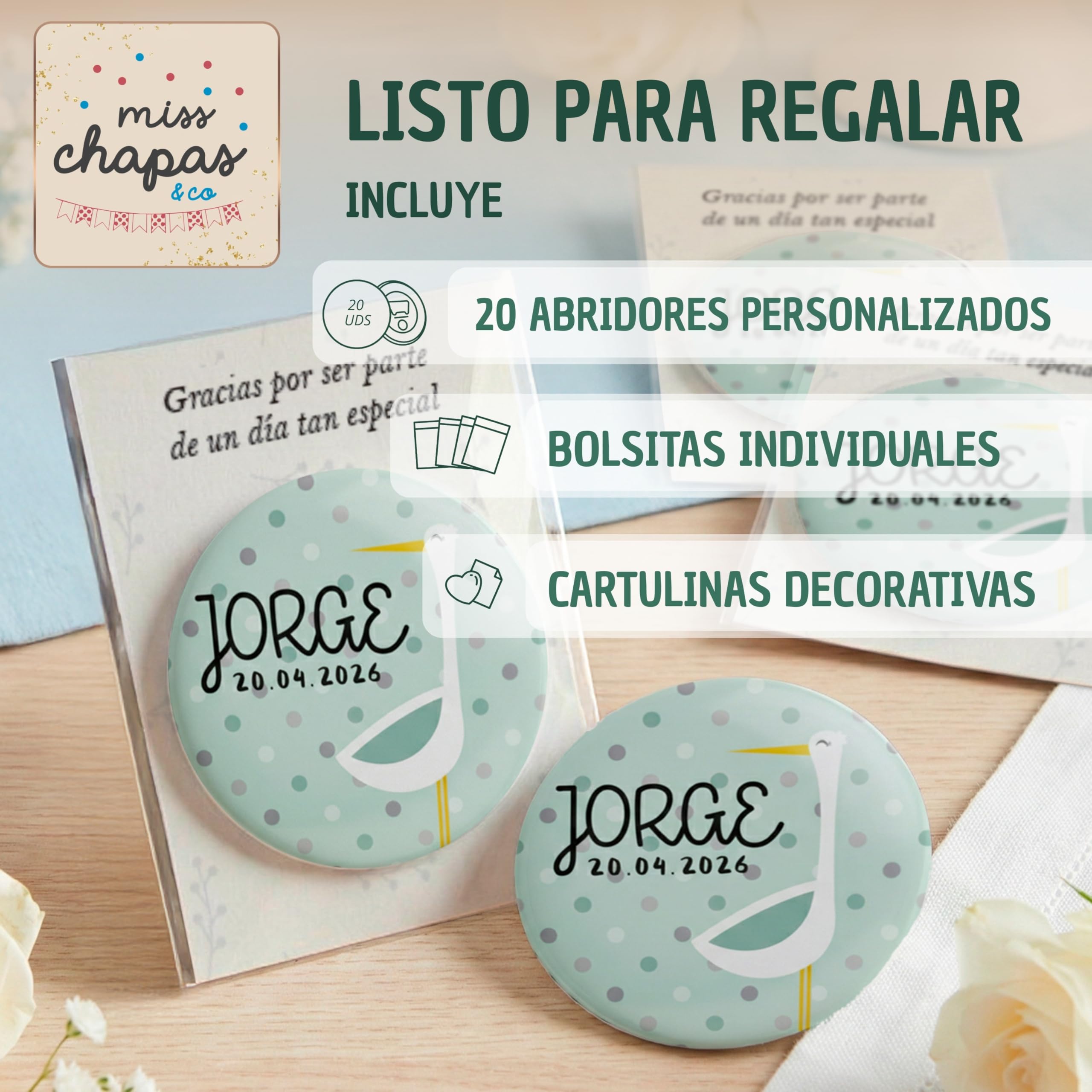 Pack 20 Abridores Magnéticos Personalizados Bautizo Cigüeña Verde Mint – Detalle Invitados Bautismo Bebé Niño | Recuerdo Original y Útil | Presentación Individual Lista para Regalar