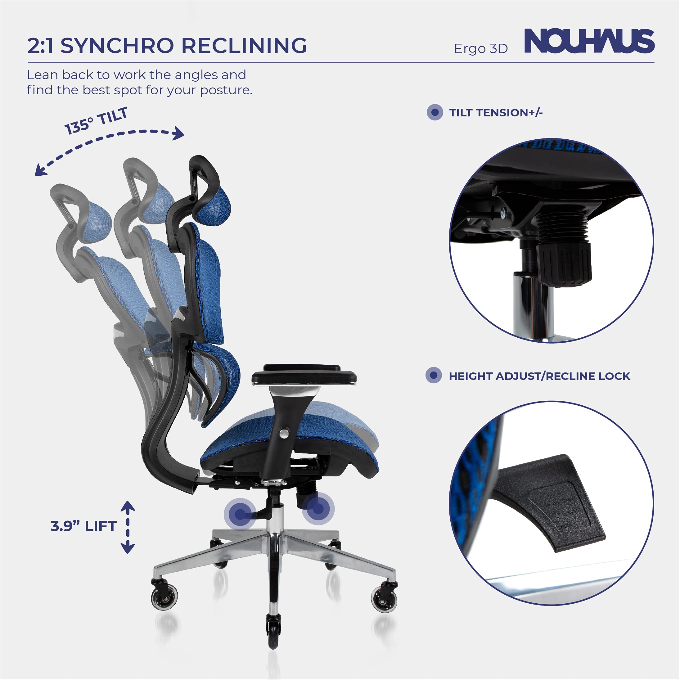 NOUHAUS Ergo3D Ergonomic Office Chair Rolling Desk Chair with 4D