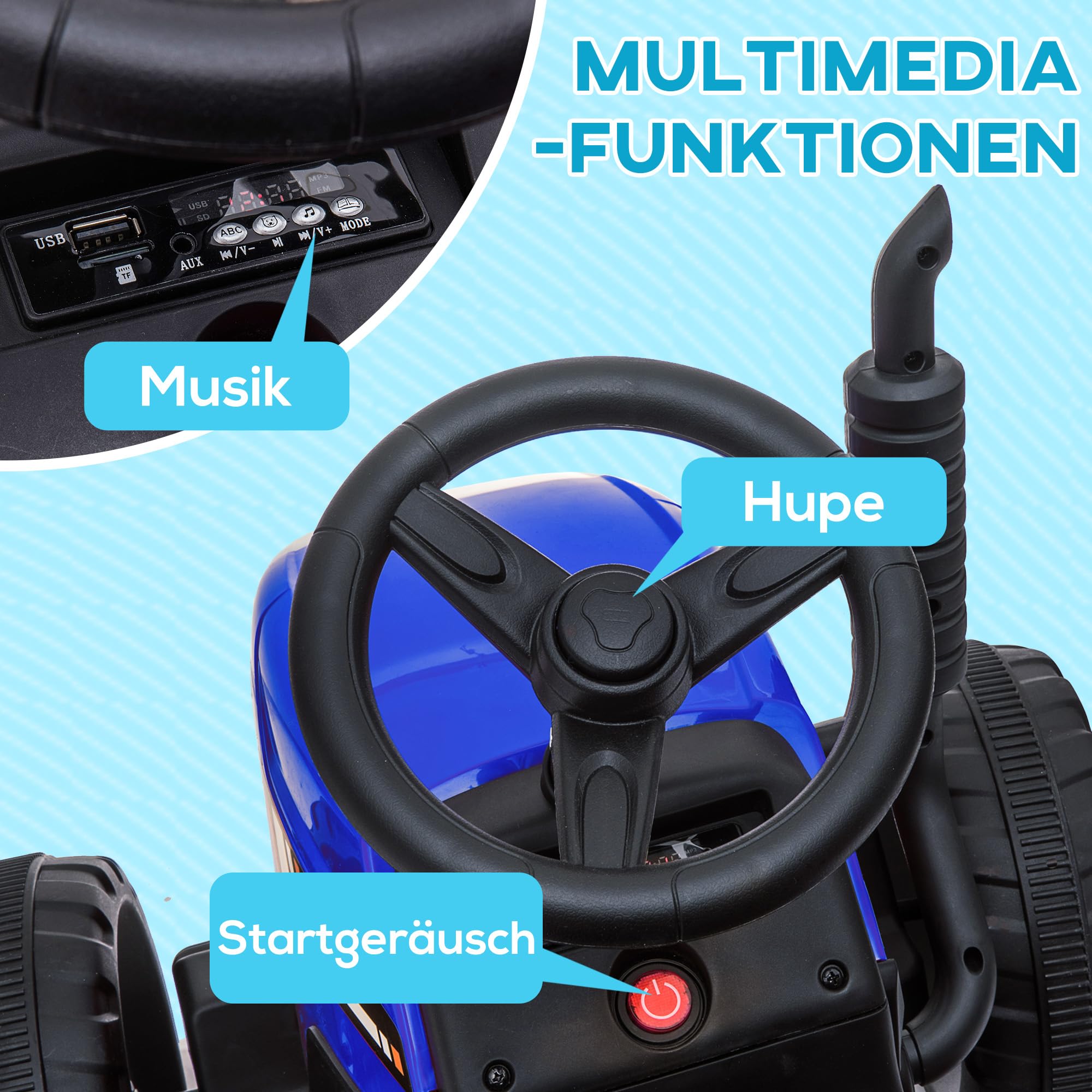 Traktor elektryczny dla dzieci, MP3, 3-6 km/h, Niebieski